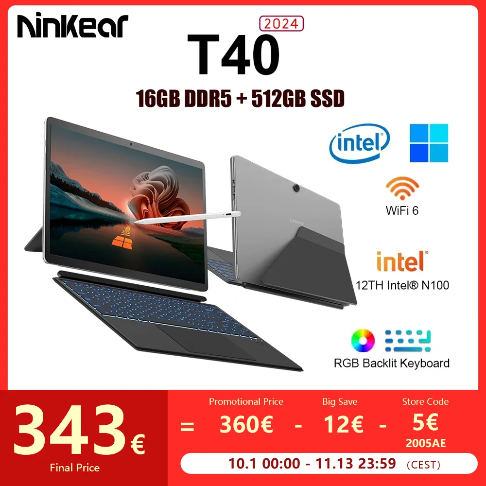 Ninkear t40 Laptop 2 in 1 Touchscreen Tablet Intel n100 14 Zoll fhd 16GB DDR5 512GB SSD Computer