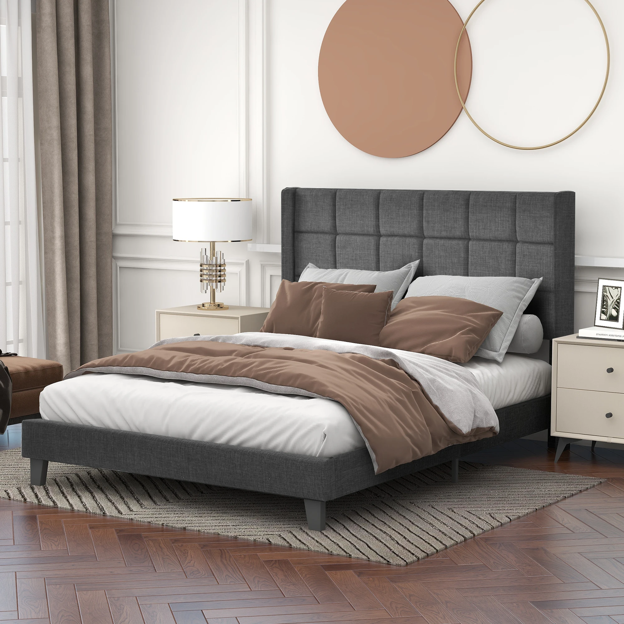Polsterbett Mit seinem gepolstertes Kopfteil Doppelbett mit Lattenrost, 140x200cm ,in Grau Leinen,