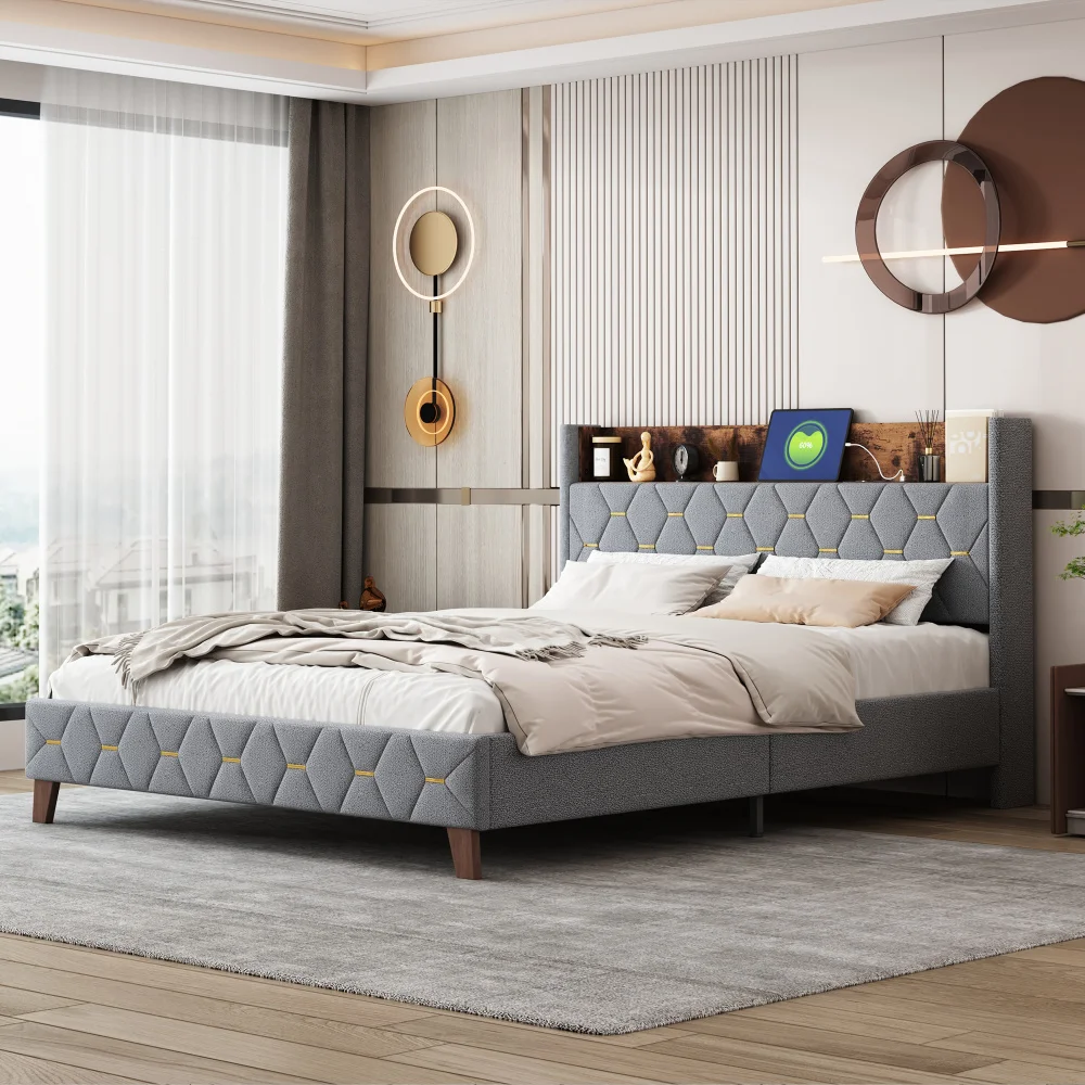 160x200cm Velvet Grey Upholstered Bed with Headboard Storage Space and USB Port