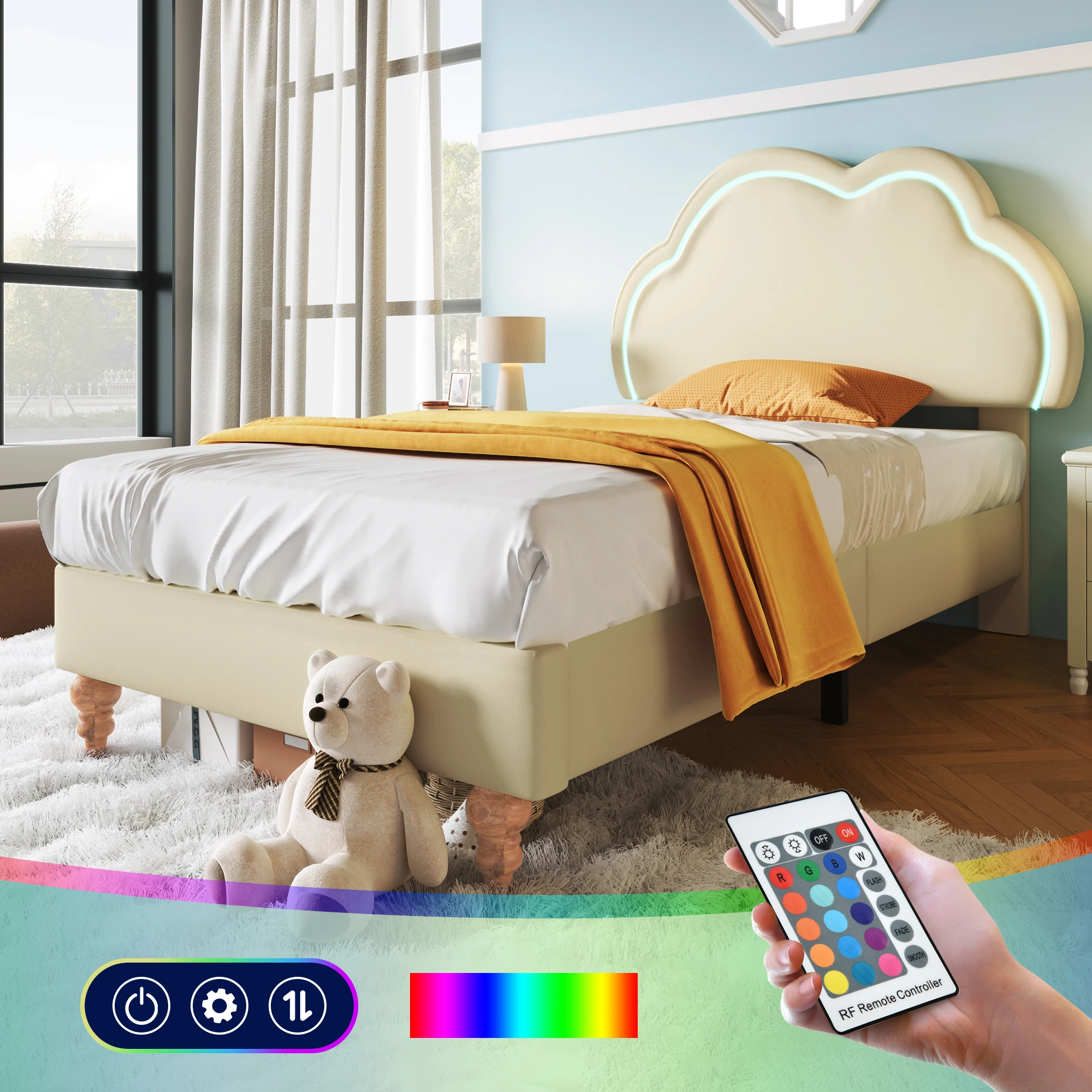 Einzelbett 90x190 cm mit LED, Polsterbettgestell mit verstellbarem Kopfteil, PU-Leder,