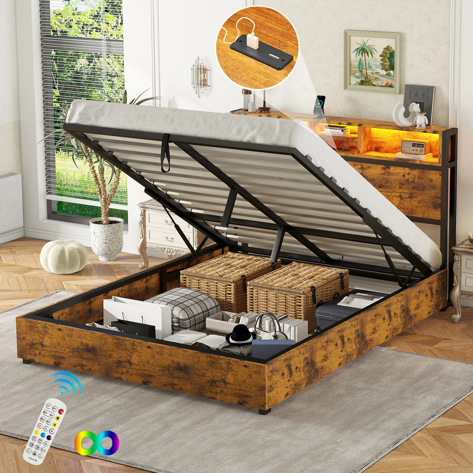 Flachbett 140x200 cm mit hydraulischem Hebemechanismus, farbwechselnde LED-Umgebungsbeleuchtung,