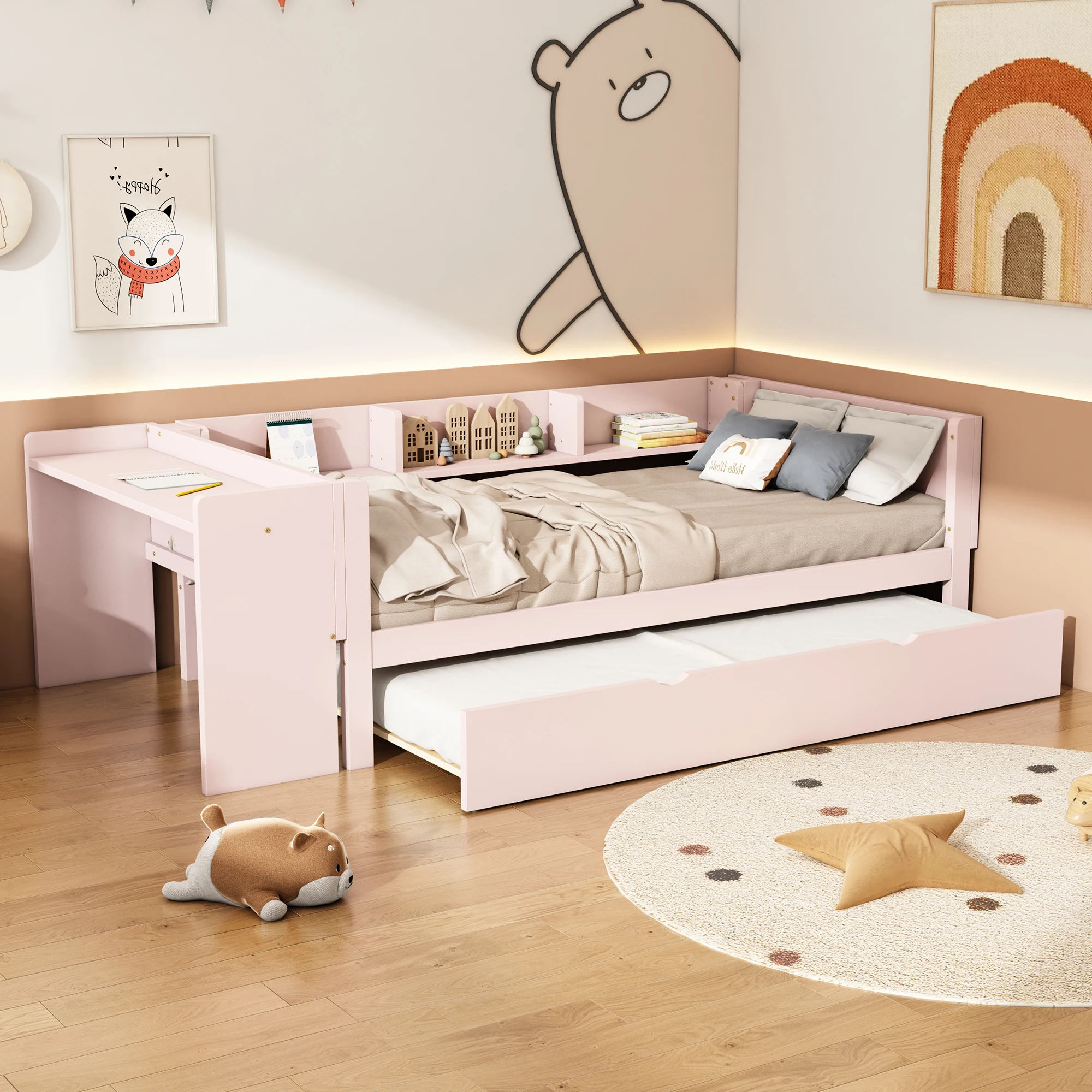 Flachbett 90x200 cm, Rosa, Mit Ausziehbett und Schreibtisch, Drei Regale an der Seite