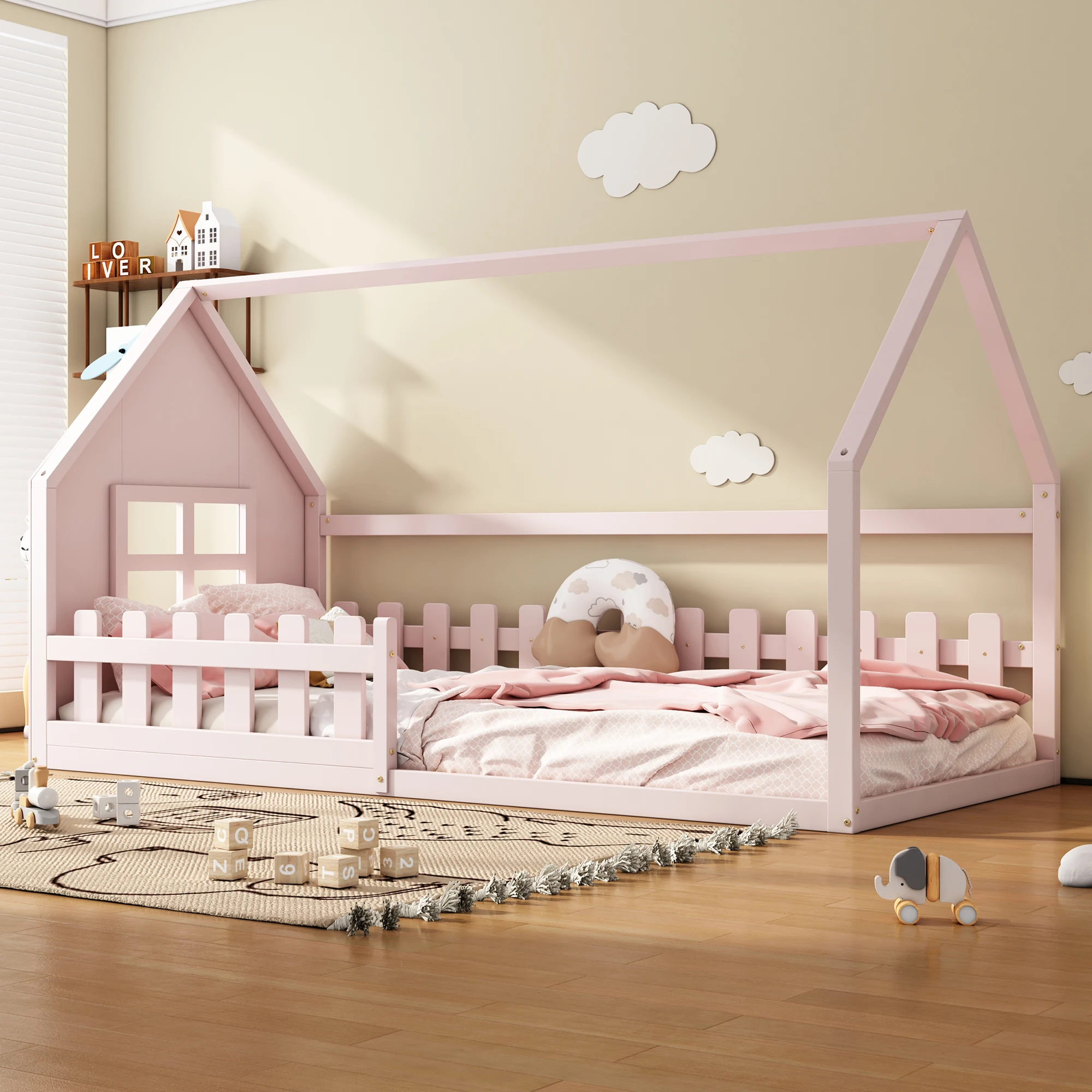 Flachbett 90x200 cm, Hausleiste, Rosa, Kinderbett