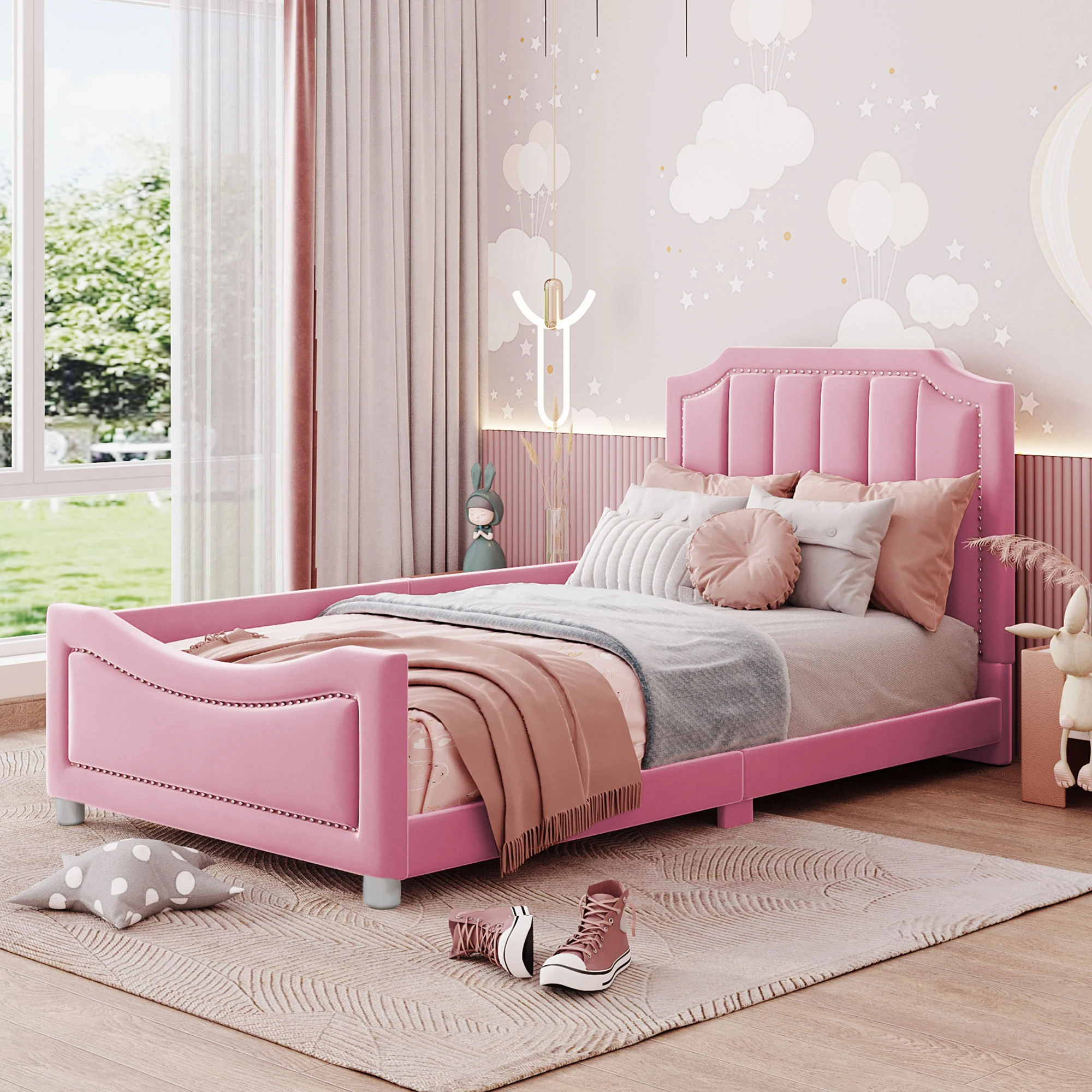 Polsterbett 90x200 cm, Schlafsofa aus Rosa Flanell mit Armlehne und Rückenlehne, Jugend- und