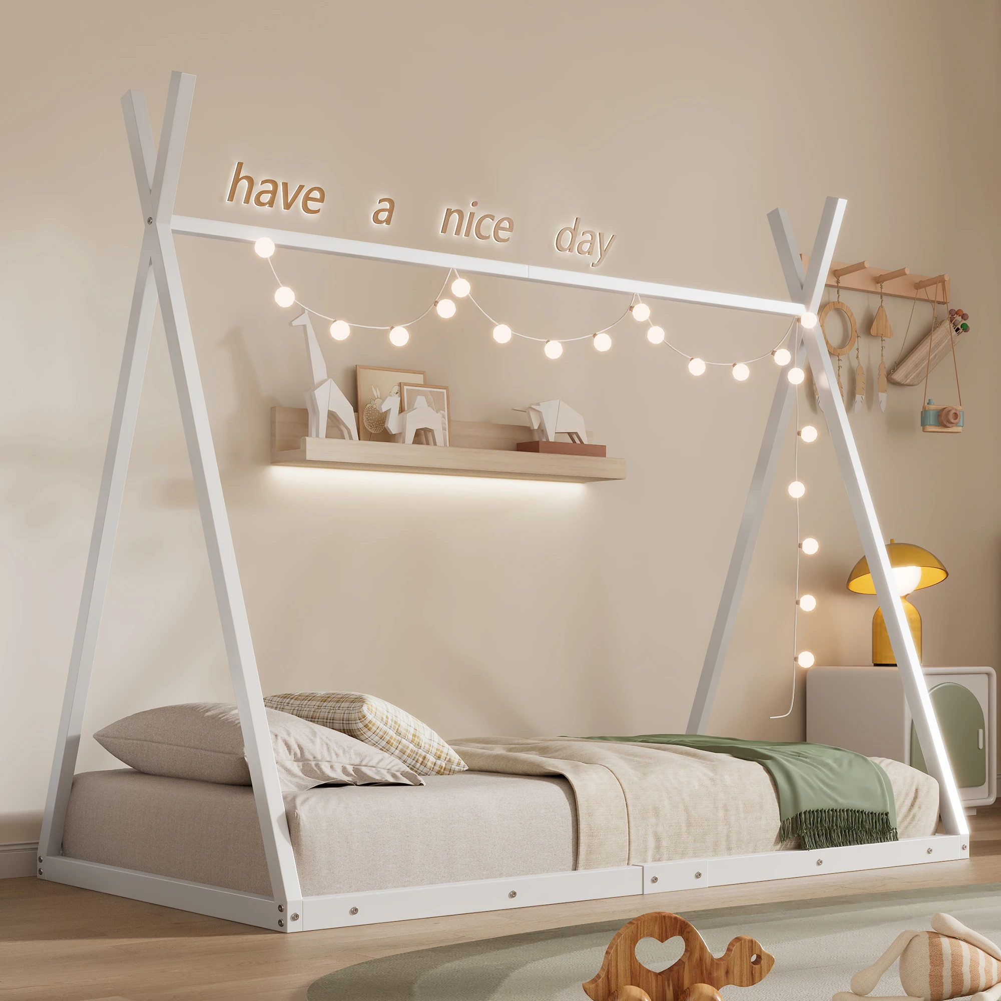 Metallbett 90x200 cm, stabiles Eisenbett in Dreiecksform, modernes Design für Schlafzimmer, weiß