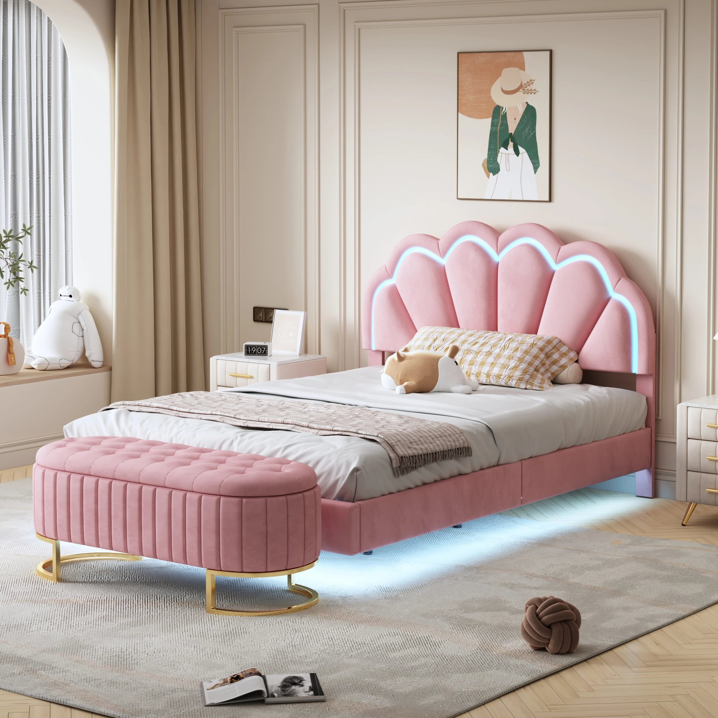 Polsterbett 140x200 cm mit LED-Beleuchtung, schwebendem Bettrahmen & verstaubarer Sofabank,