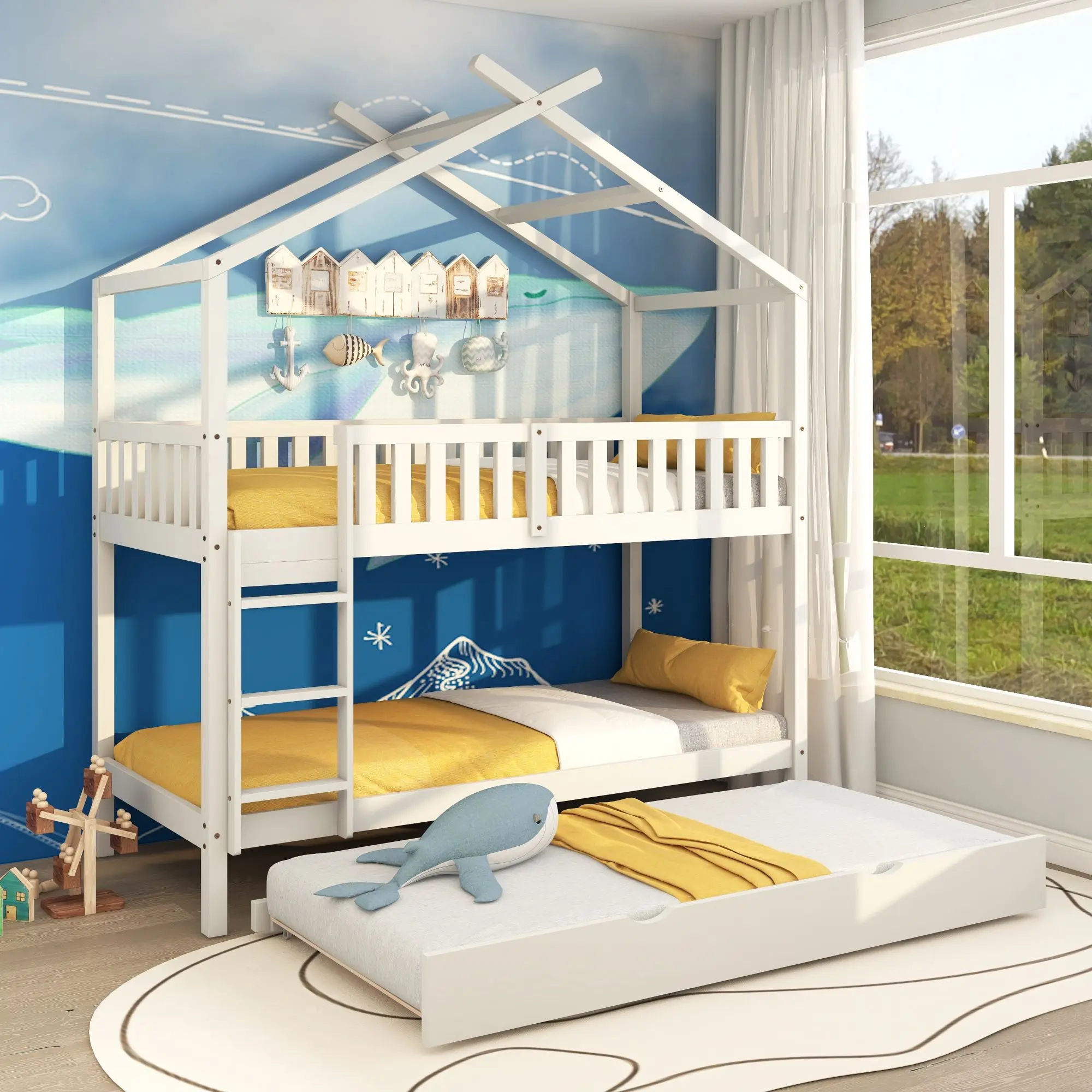 Hausbett 90x200 cm, dreifach ausziehbar, platzsparendes Design, weiß