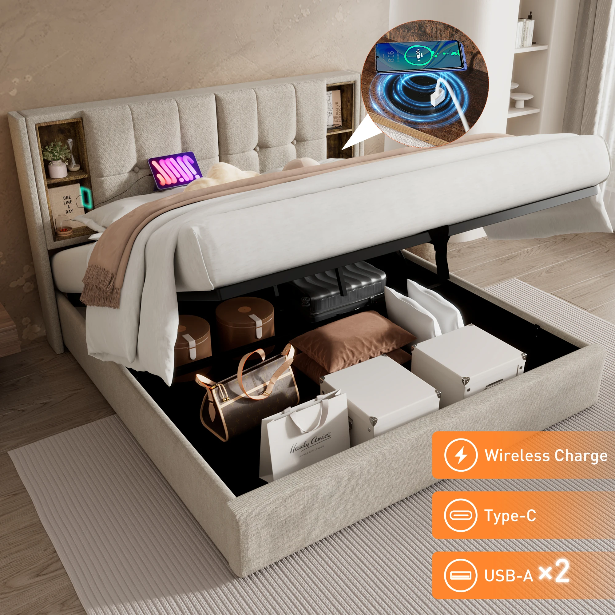 Doppelbett 140x200 cm mit kabelloser USB-C-Ladefunktion, Polsterbett mit Stauraum und Lattenrost aus
