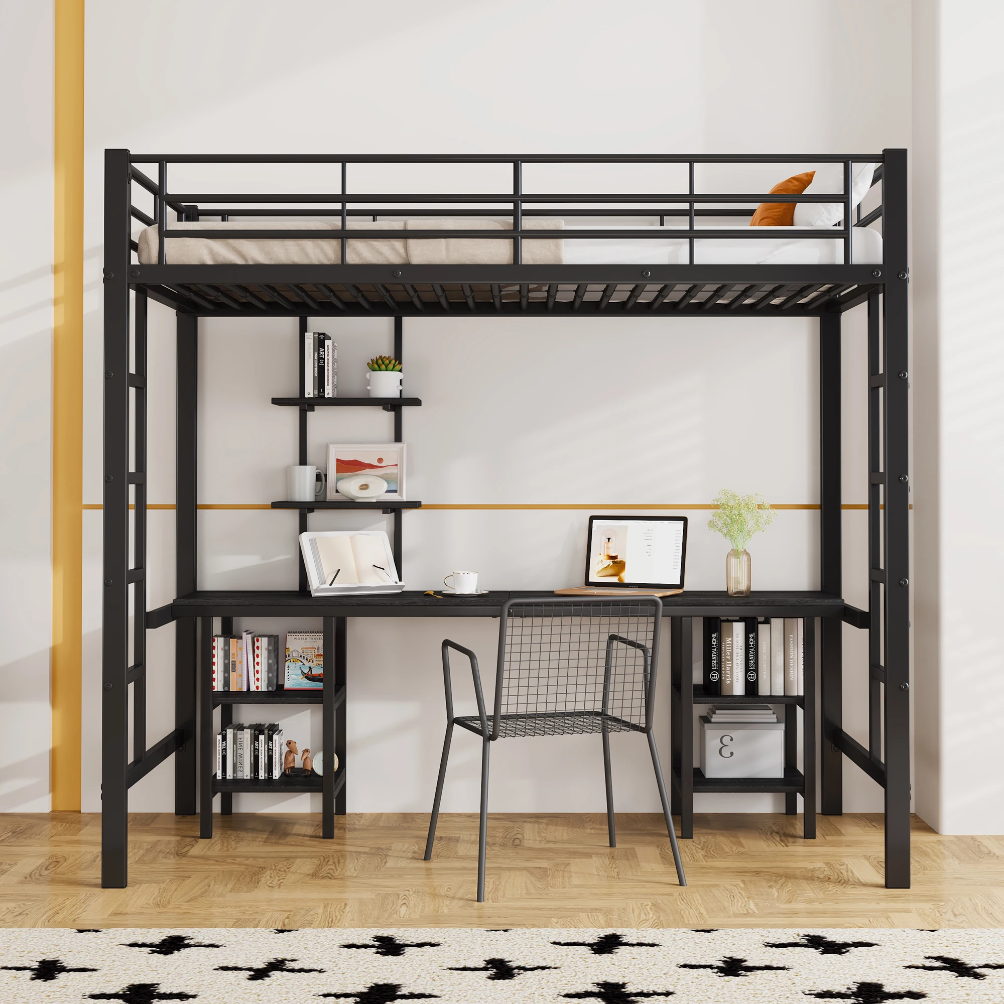 Eisen-Etagenbett 90x200 cm, mit Tisch und Regalen, für  und Jugendliche, Schwarz, mit Seitenleiter