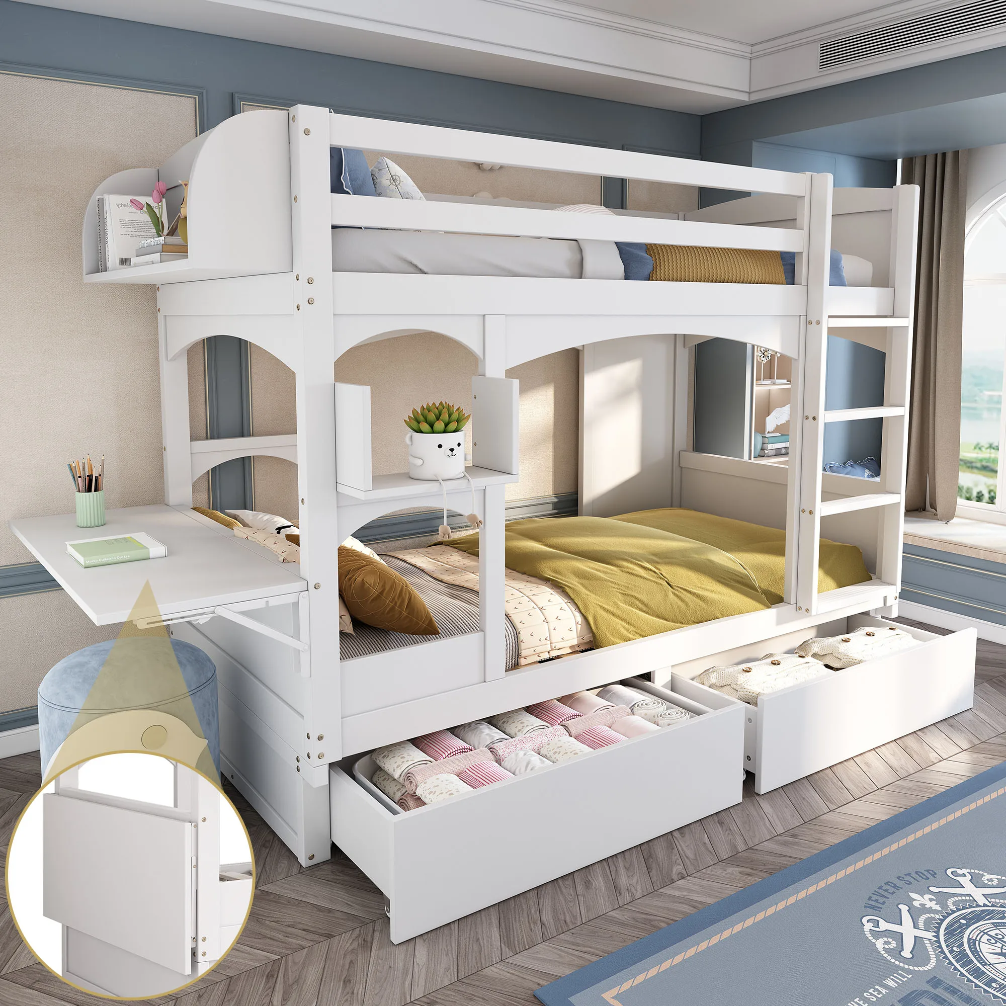 Kinder-Etagenbett 90x200 cm, Weiß, Mit klappbarem Schreibtisch und Regal, 2 Schubladen, Massivholz,