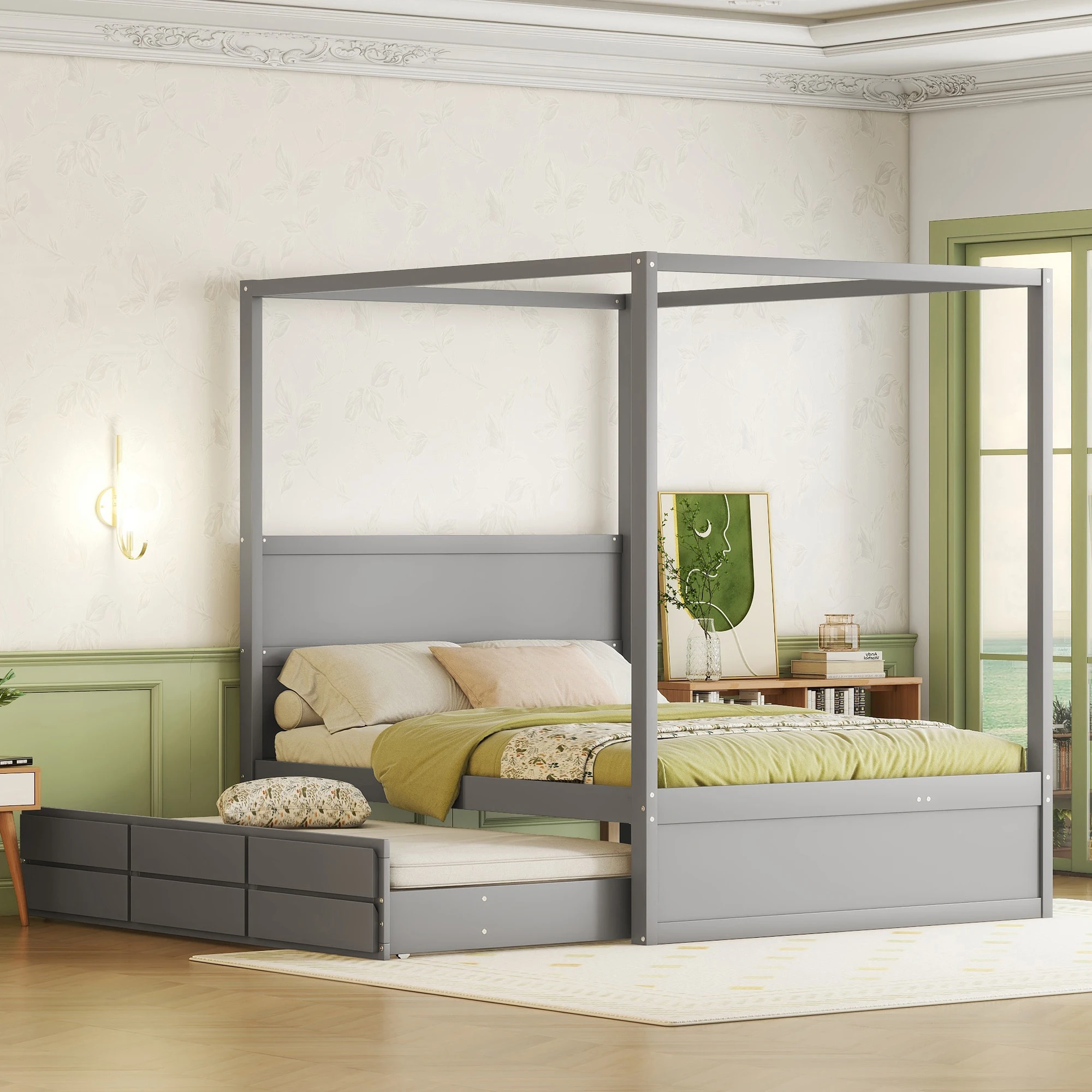 Himmelbett 140x200 cm mit ausziehbarem Einzelbett und Stauraumfächern, Grau
