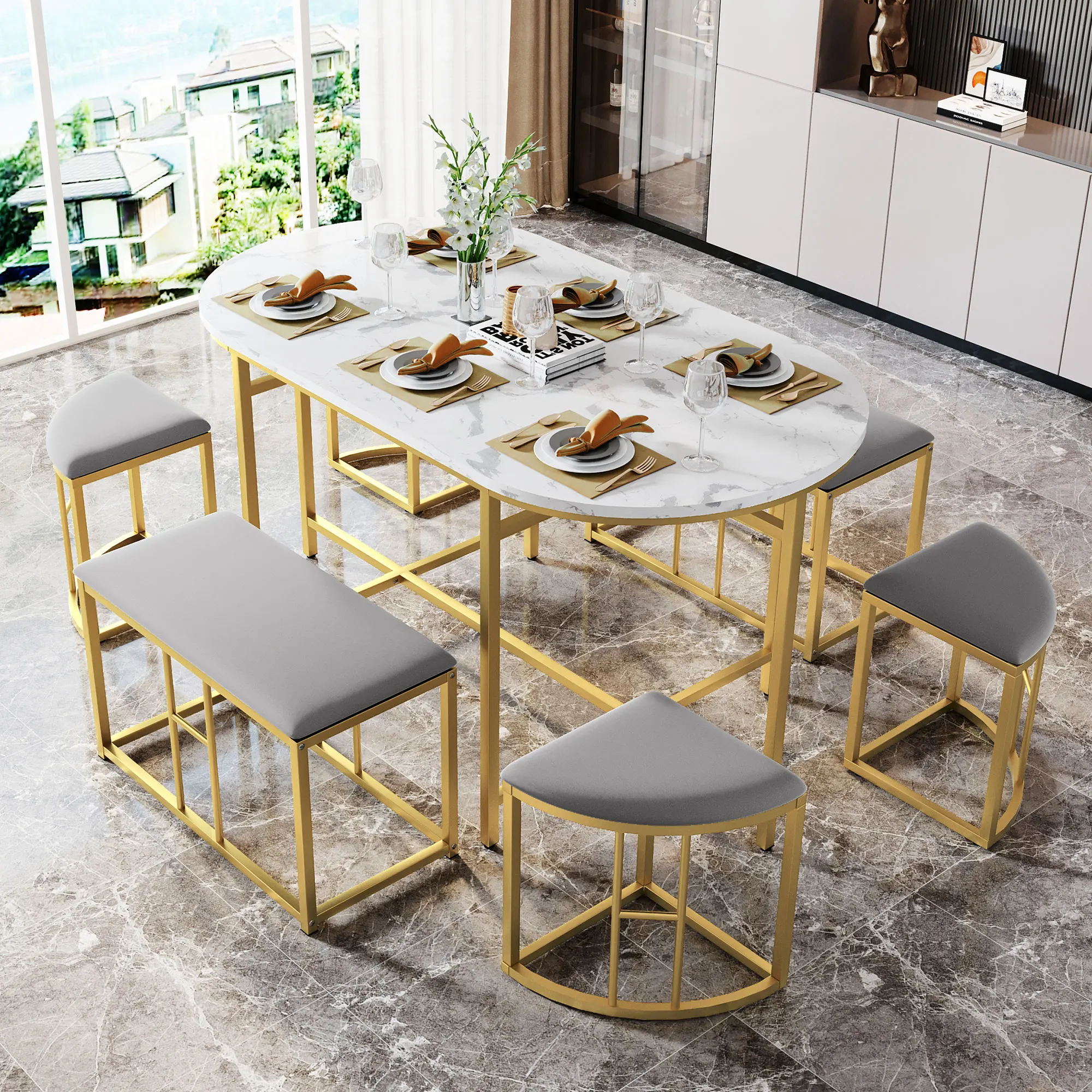 Essgruppe mit Esstisch und Hockern, moderner Küchentisch aus Stahlrahmen, weiß-gold, belastbar bis
