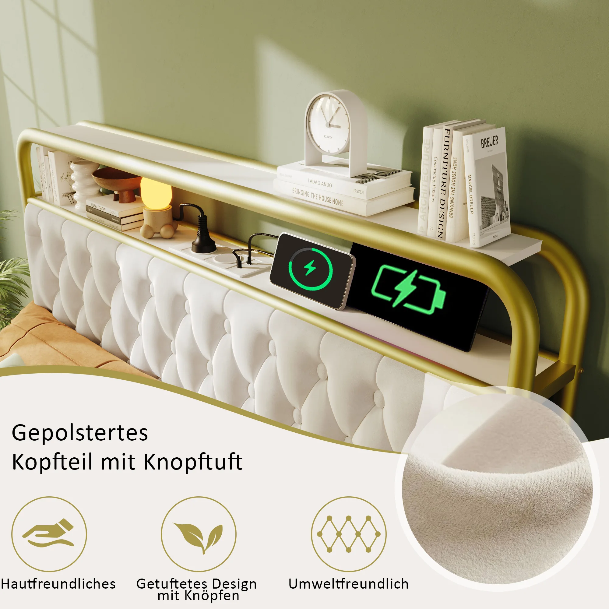 Doppelbett mit USB Typ-C Ladefunktion, APP-gesteuerte LED, Metallbett 160×200 cm, Samt, 4