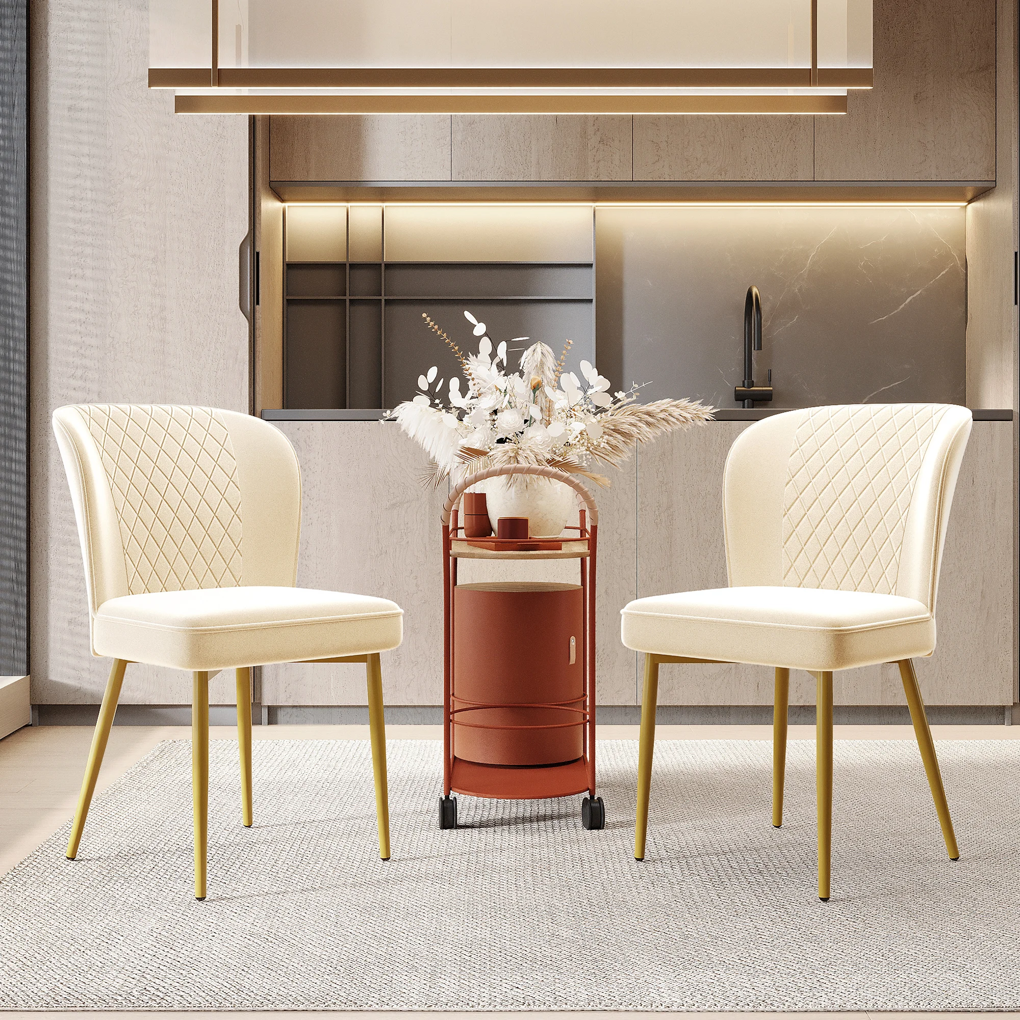 Beige Esszimmerstühle im 2er-Set, Design-Polsterstühle mit Rückenlehne, Samtsitzfläche und
