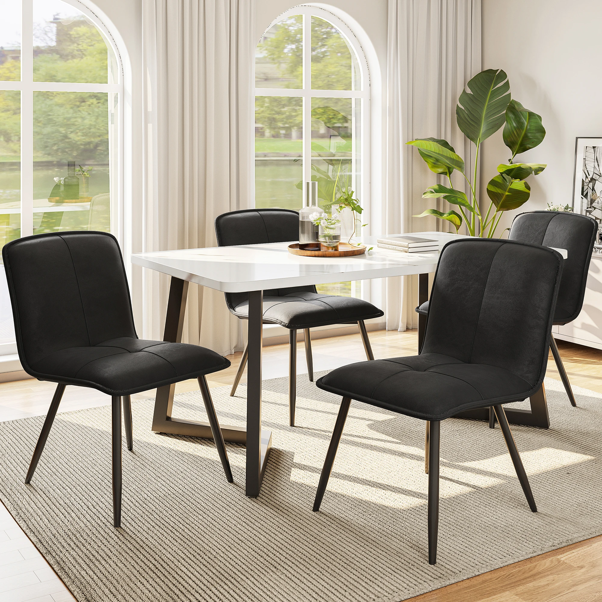 4er-Set Esszimmerstühle mit Rückenlehne, ergonomische Polsterstühle aus schwarzem Samt,