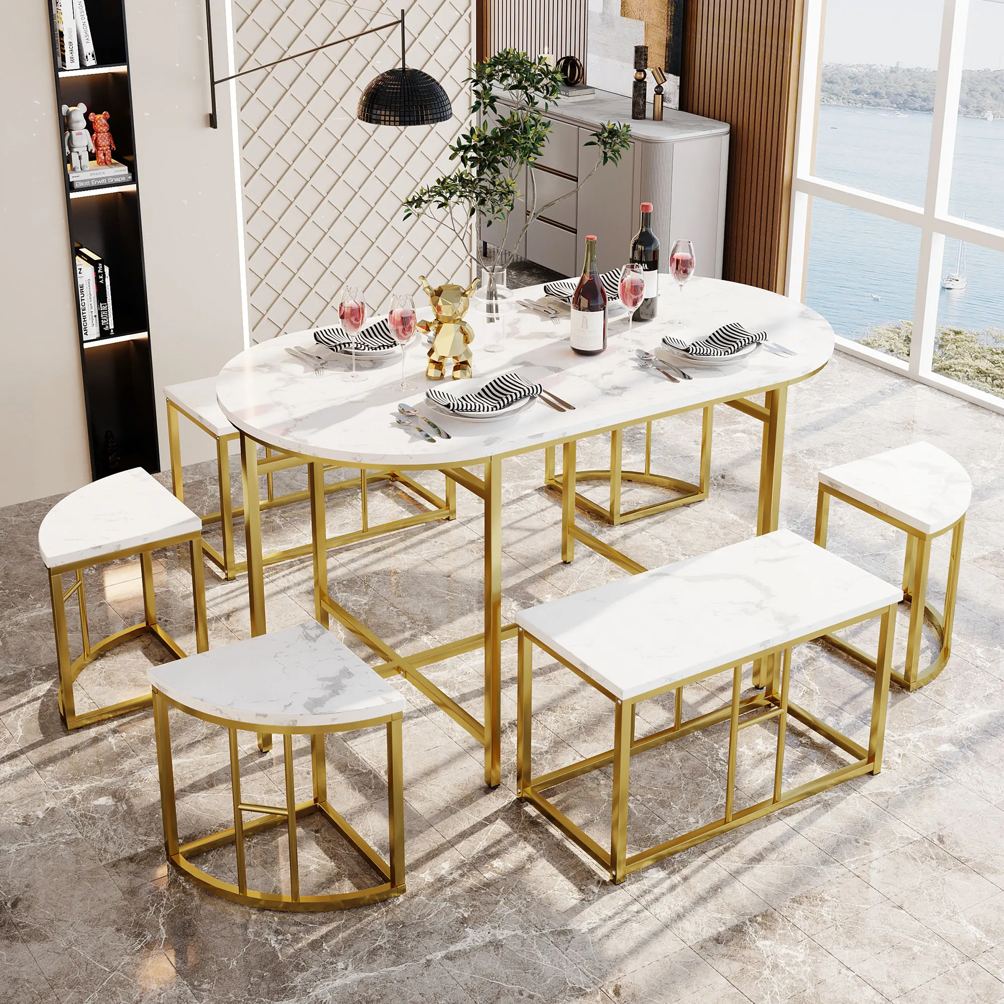 Essgruppe für Esszimmer, 6-teiliges Set mit weißen MDF-Sitzkissen, vergoldeter Eisenrahmen, moderne
