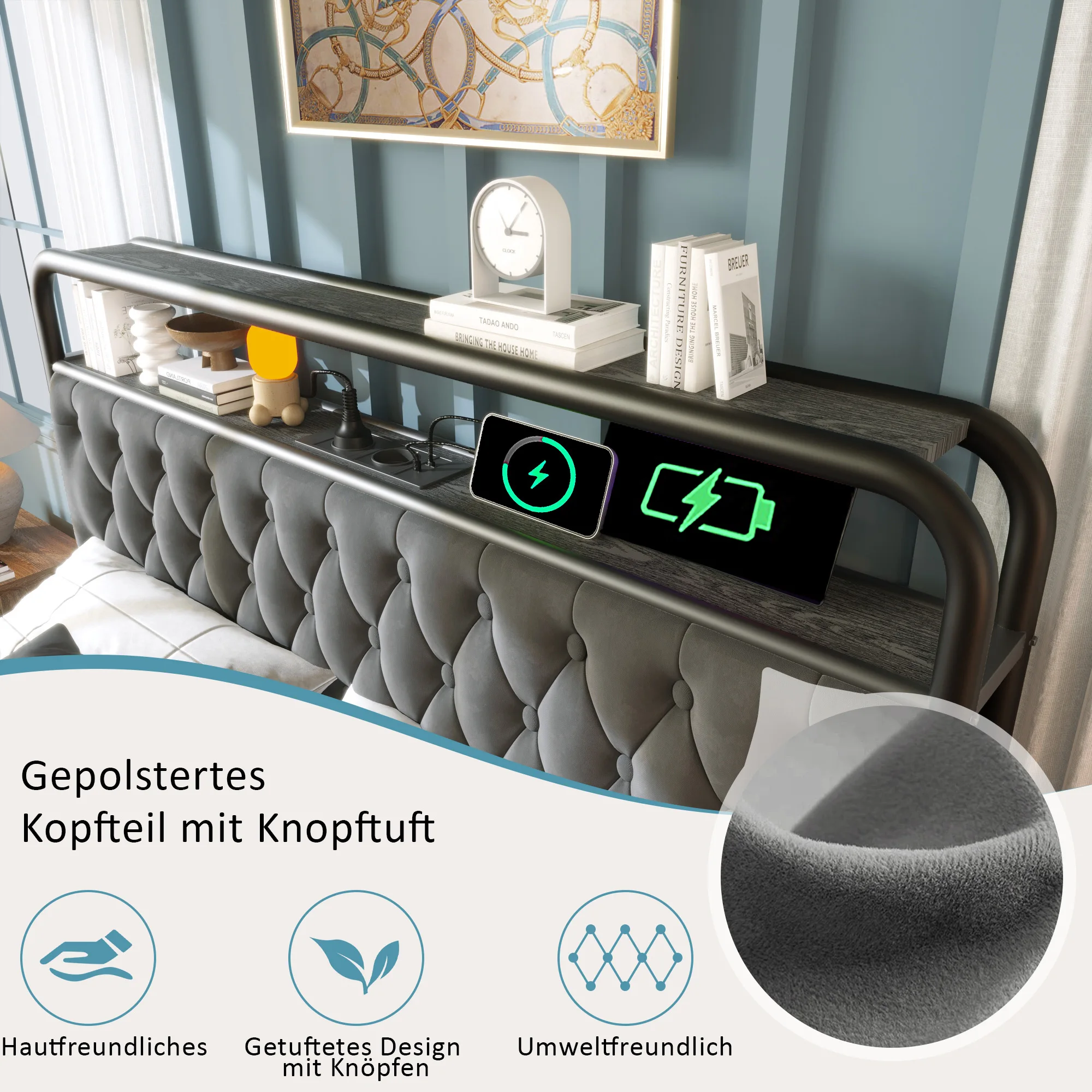 Doppelbett mit USB Typ-C Ladefunktion, APP-gesteuerte LED, Metallbett 180×200 cm, Samt, 4