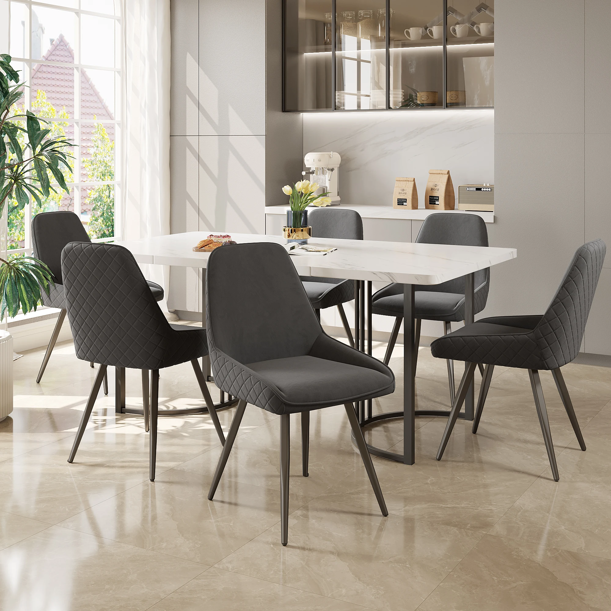 Esszimmerstühle 6er Set, Ergonomischer Küchenstuhl mit Rückenlehne, Metallbeine, Dunkelgrau