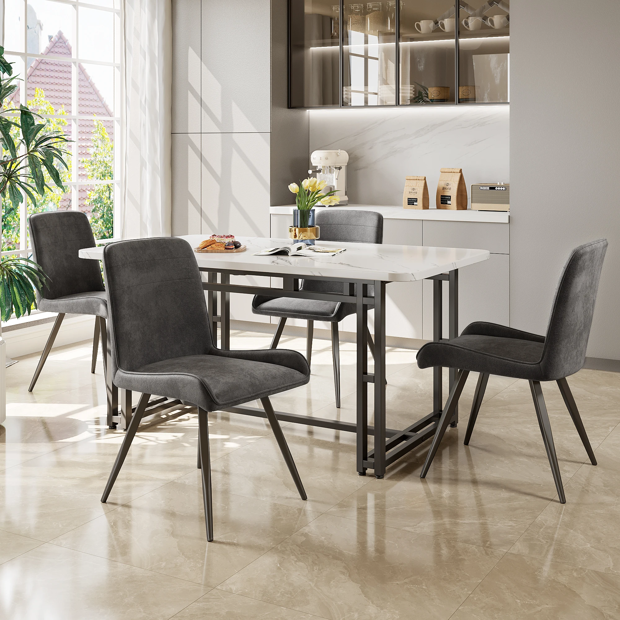 Essgruppe (5-tlg) 120x70 cm Esstisch mit 4 Stühlen, Küchentisch Set, MDF Tischplatte, Dunkelgraue