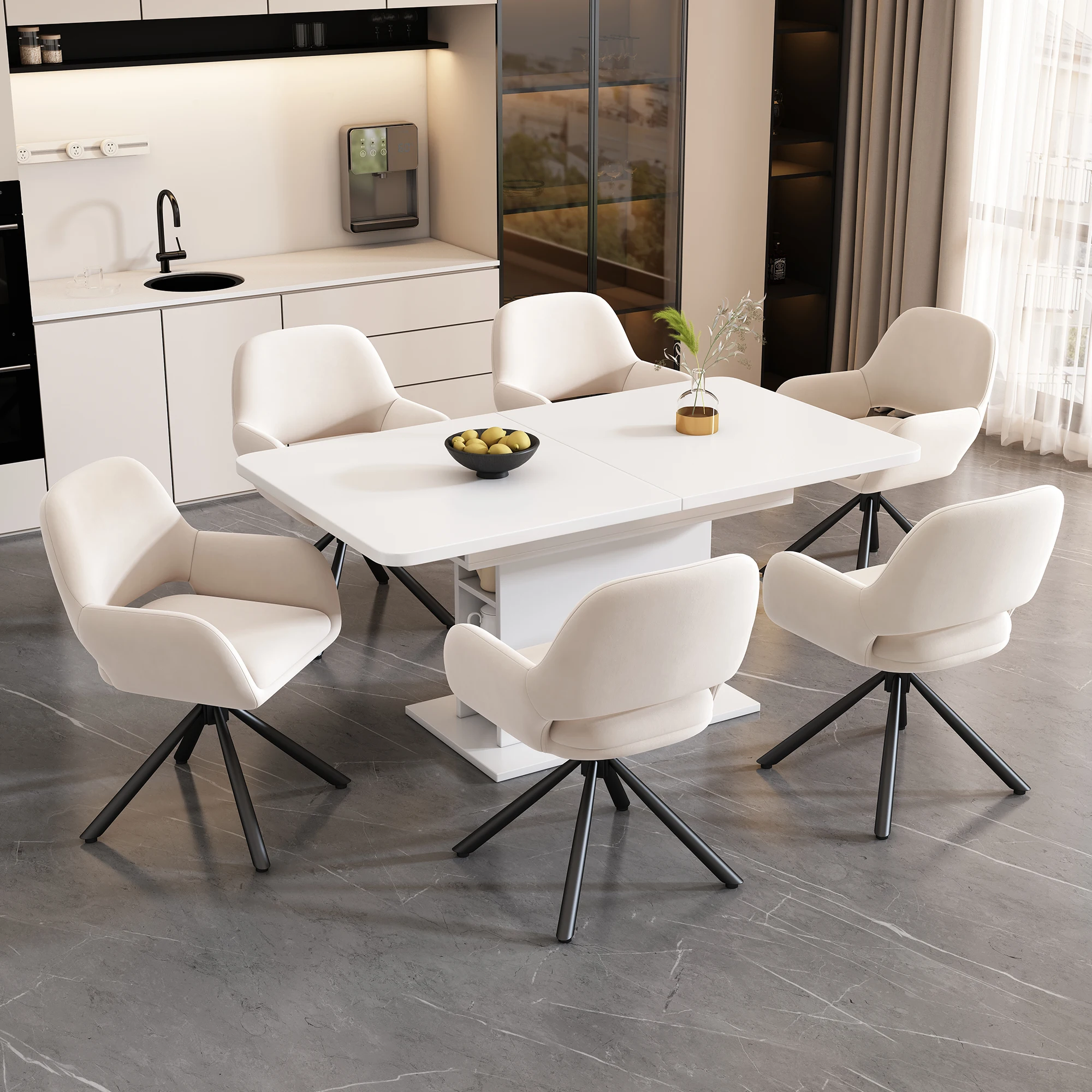 Drehbarer Samt-Esszimmerstuhl, 6er-Set, mit Armlehnen, modern, Beige