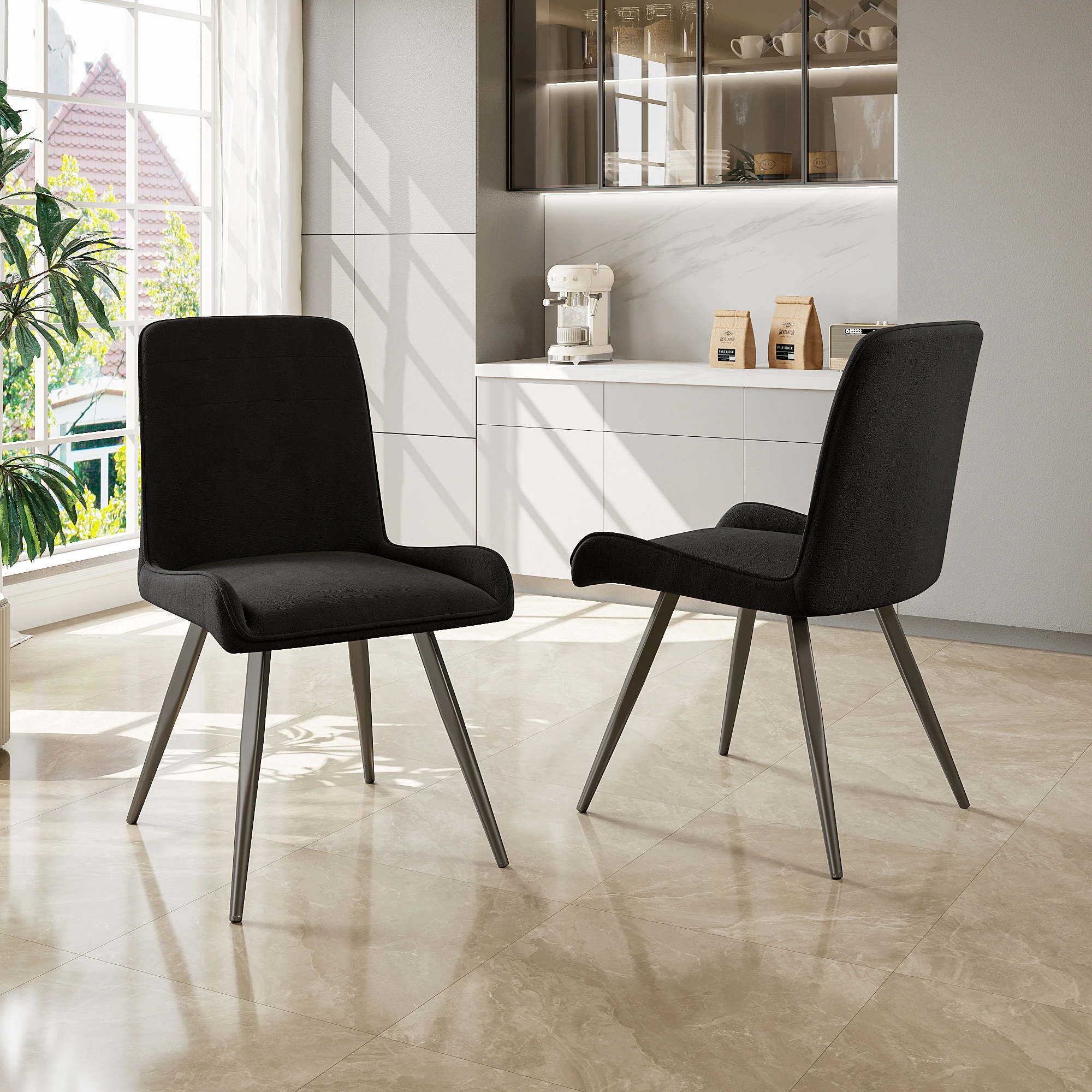 Esszimmerstühle 2er Set, Ergonomischer Küchenstuhl mit Rückenlehne, Metallbeine, Schwarz