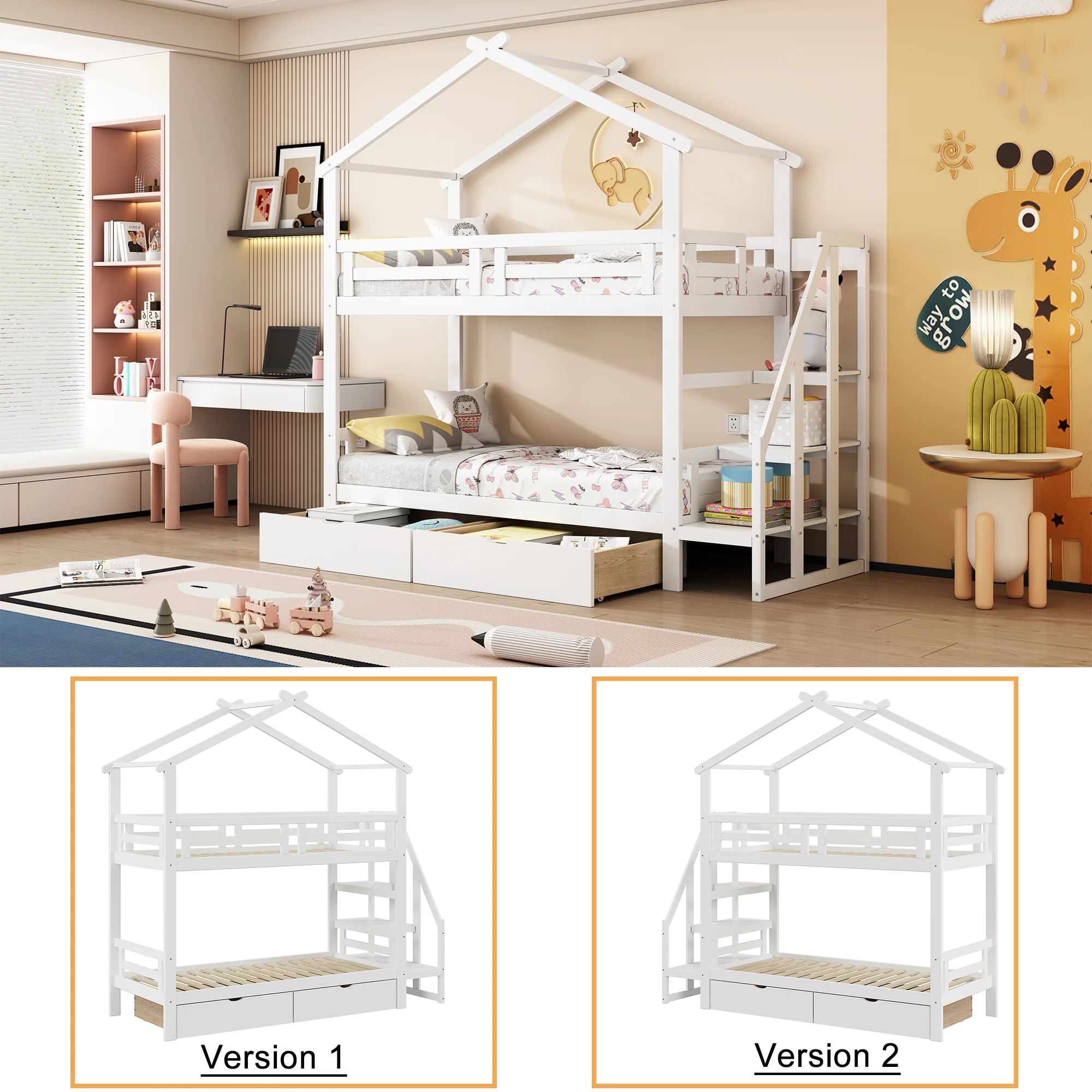 Etagenbett 90x200 cm mit Stauraumleiter und Schubladen, Massivholz, Weiß