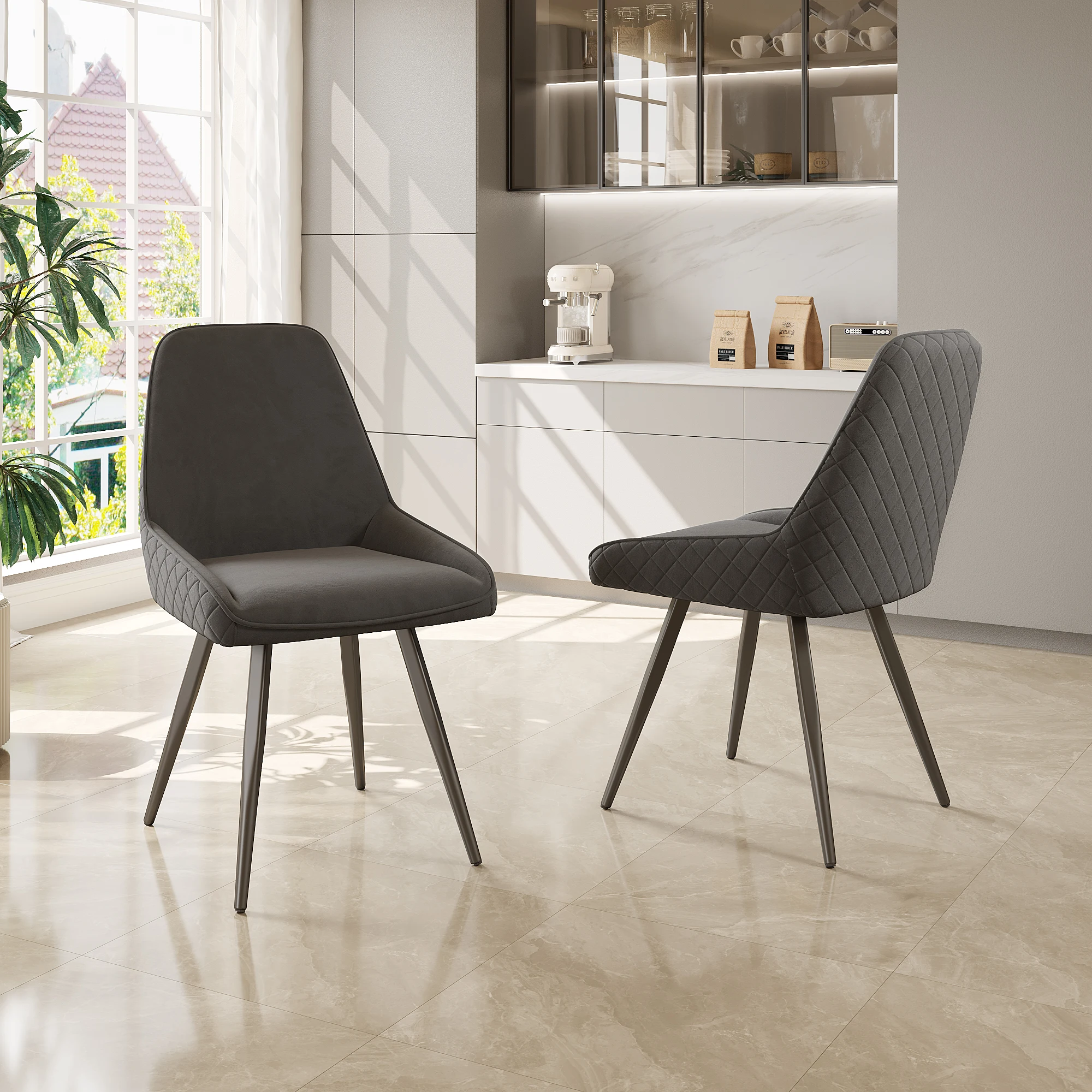 Esszimmerstühle 2er Set, Ergonomischer Küchenstuhl mit Rückenlehne, Metallbeine, Dunkelgrau