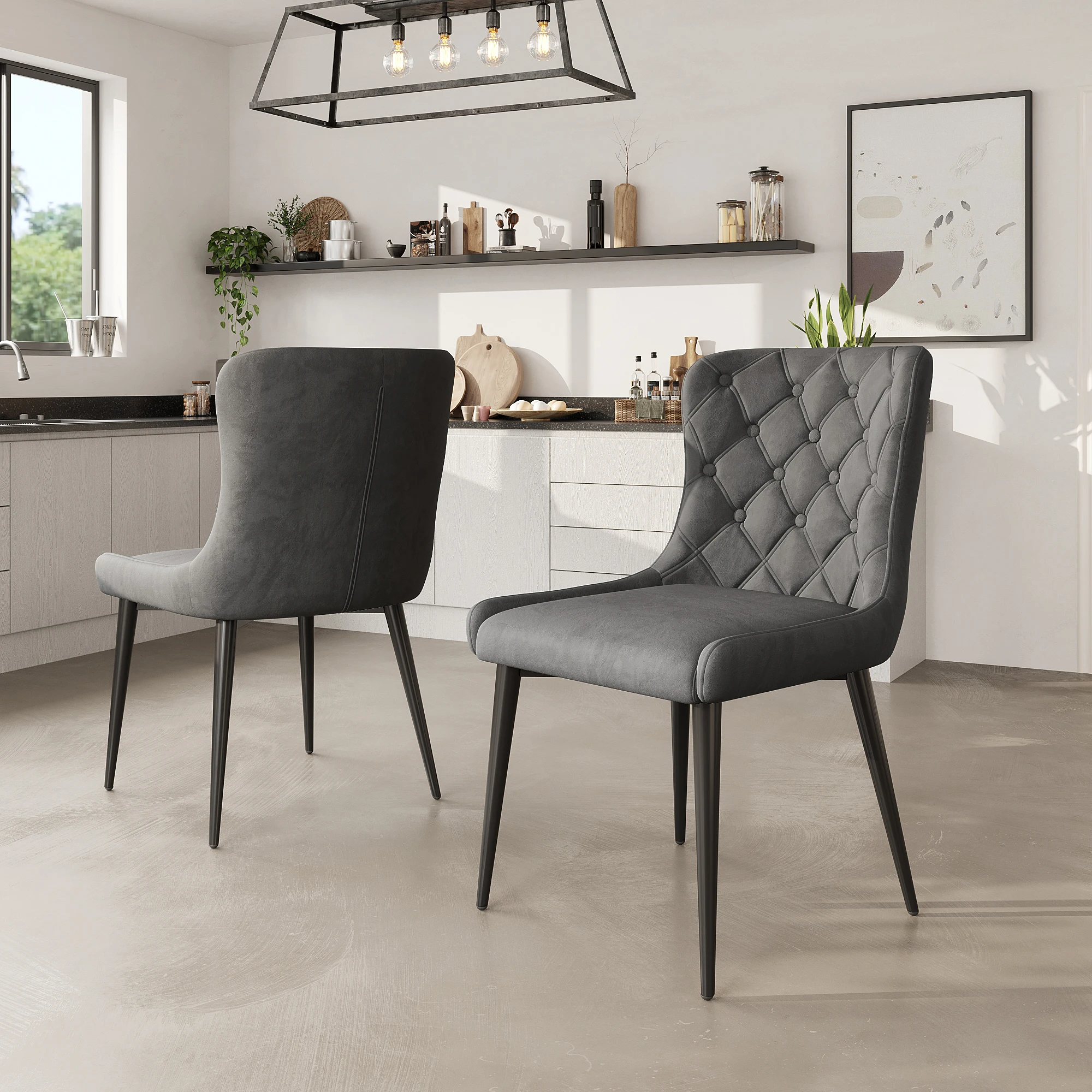 Esszimmerstühle (2er-Set) mit Samtbezug, ergonomisches Design, Eisenbeine in Schwarz, Dunkelgrau