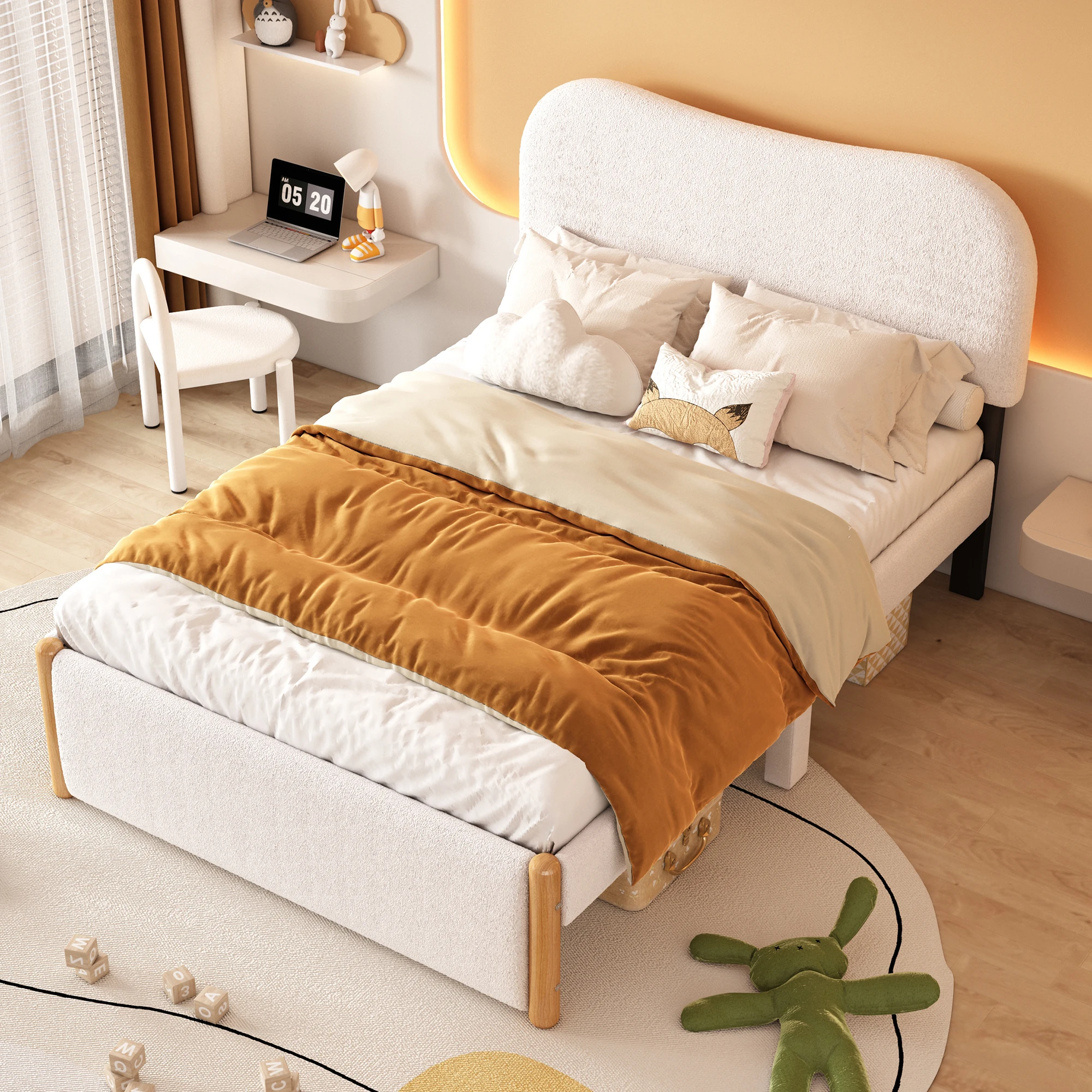 Flachbett 140x200 cm, gepolstertes Bett mit weißem Kopfteil, minimalistisches Design, Weiß