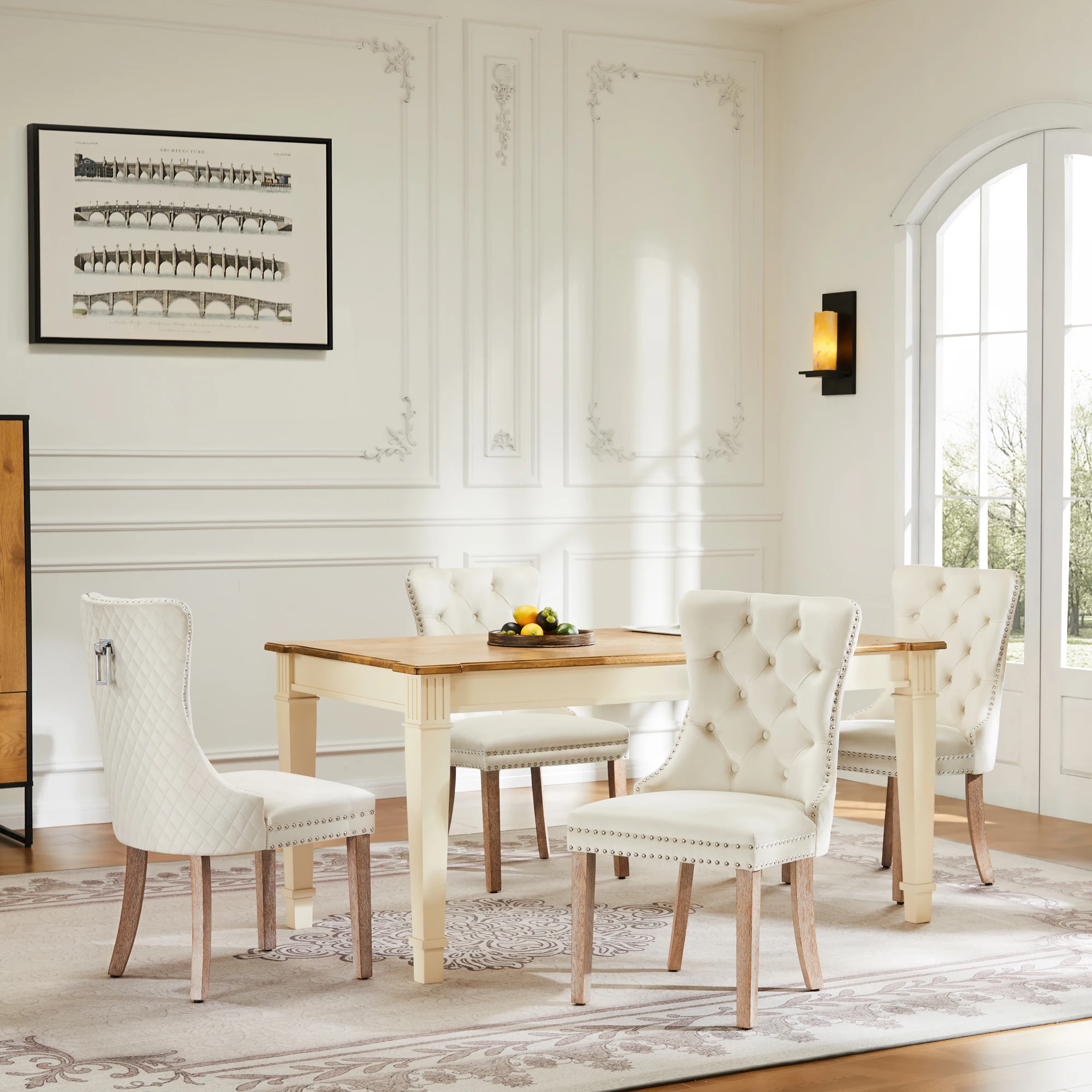 Esszimmerstuhl im 4er-Set, Relaxsessel mit Massivholzgestell, Knopfsteppung, beige