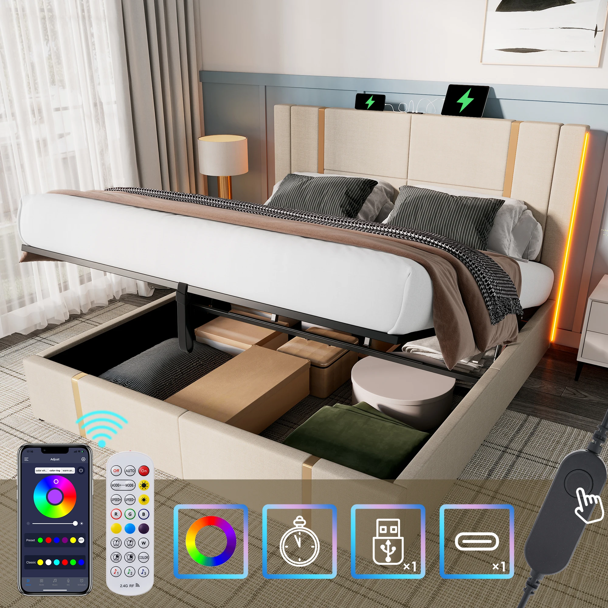 Polsterbett Doppelbett mit USB-C-Ladefunktion, LED 140x200, Stauraumbettgestell mit Holzlattenrost,