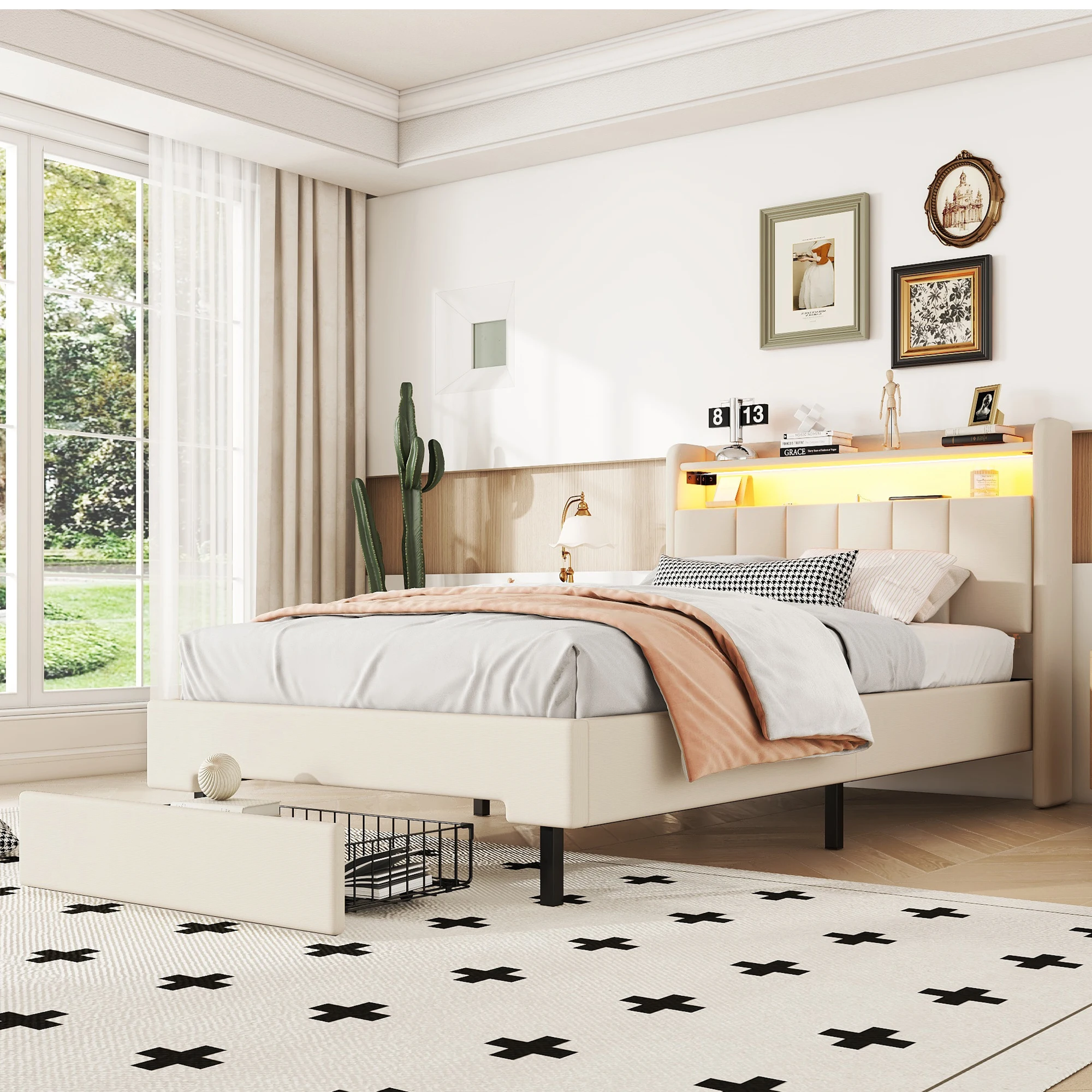 Flachbett 90x200 cm, Polsterbett mit LED-Wärmelampe, USB-Steckdose, aufklappbarem Kopfteil und
