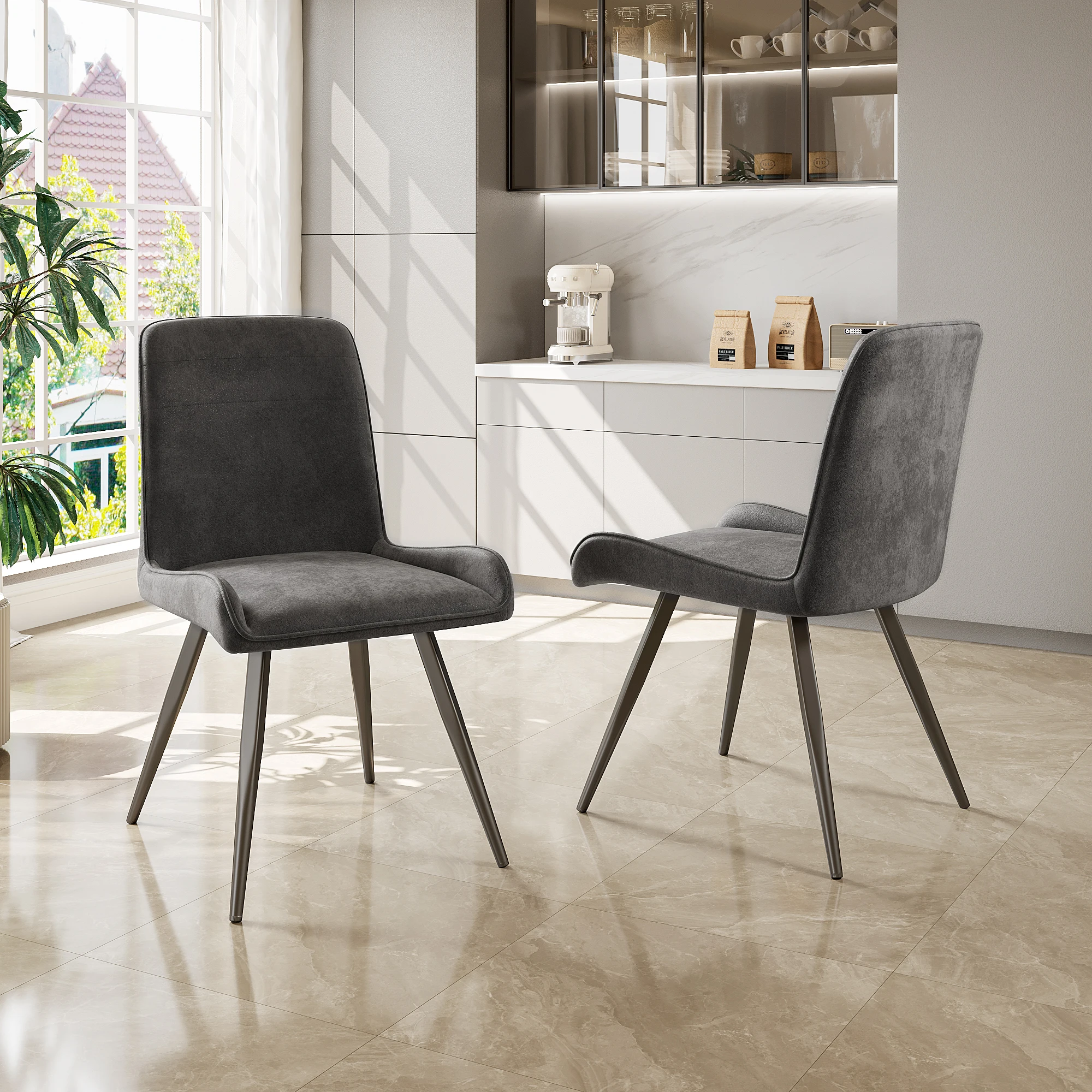 Esszimmerstühle 2er Set, Ergonomischer Küchenstuhl mit Rückenlehne, Metallbeine, Dunkelgrau