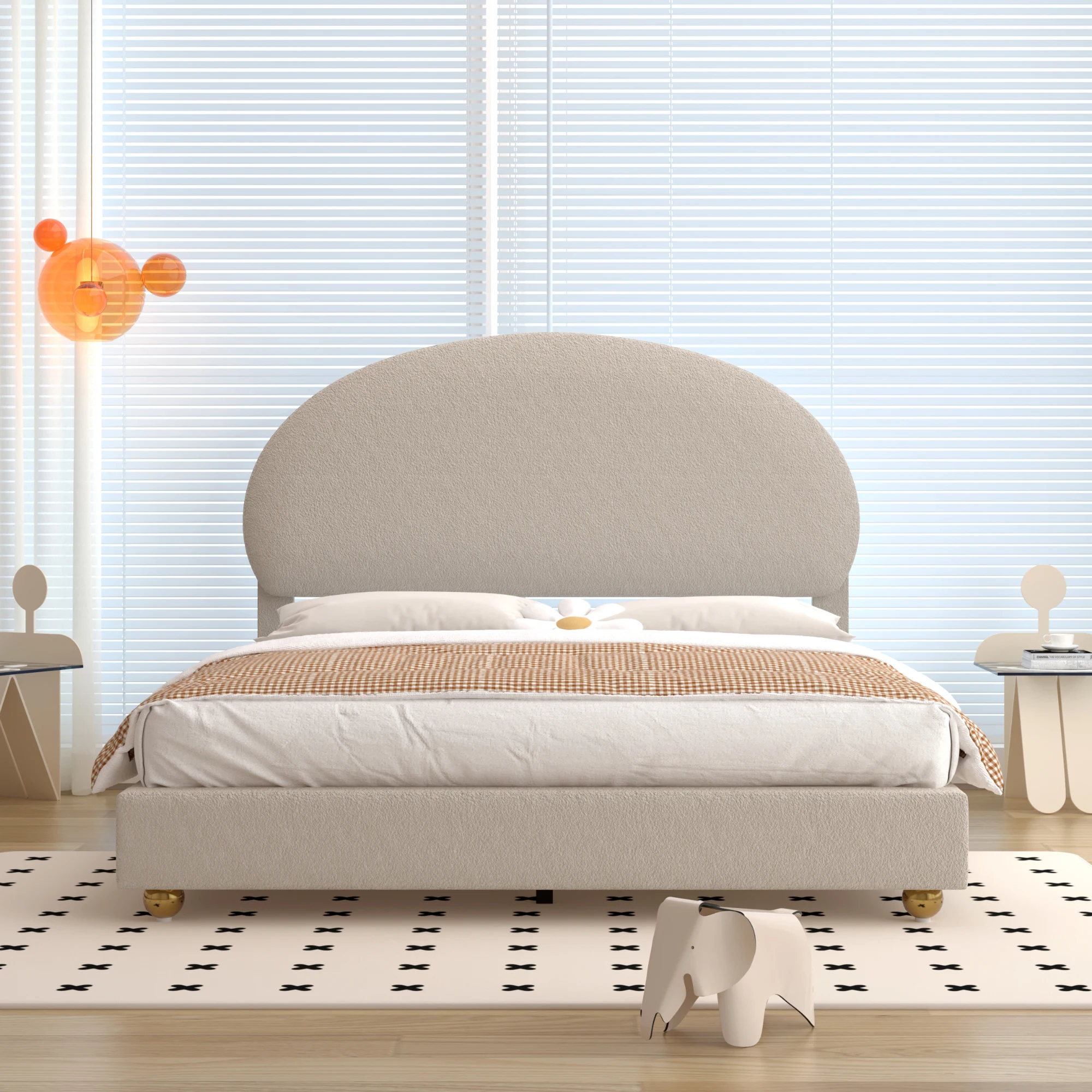 Teddy-Samt Polsterbett 140x200 cm, Doppelbett mit bogenförmigem Kopfteil und Lattenrost, Beige