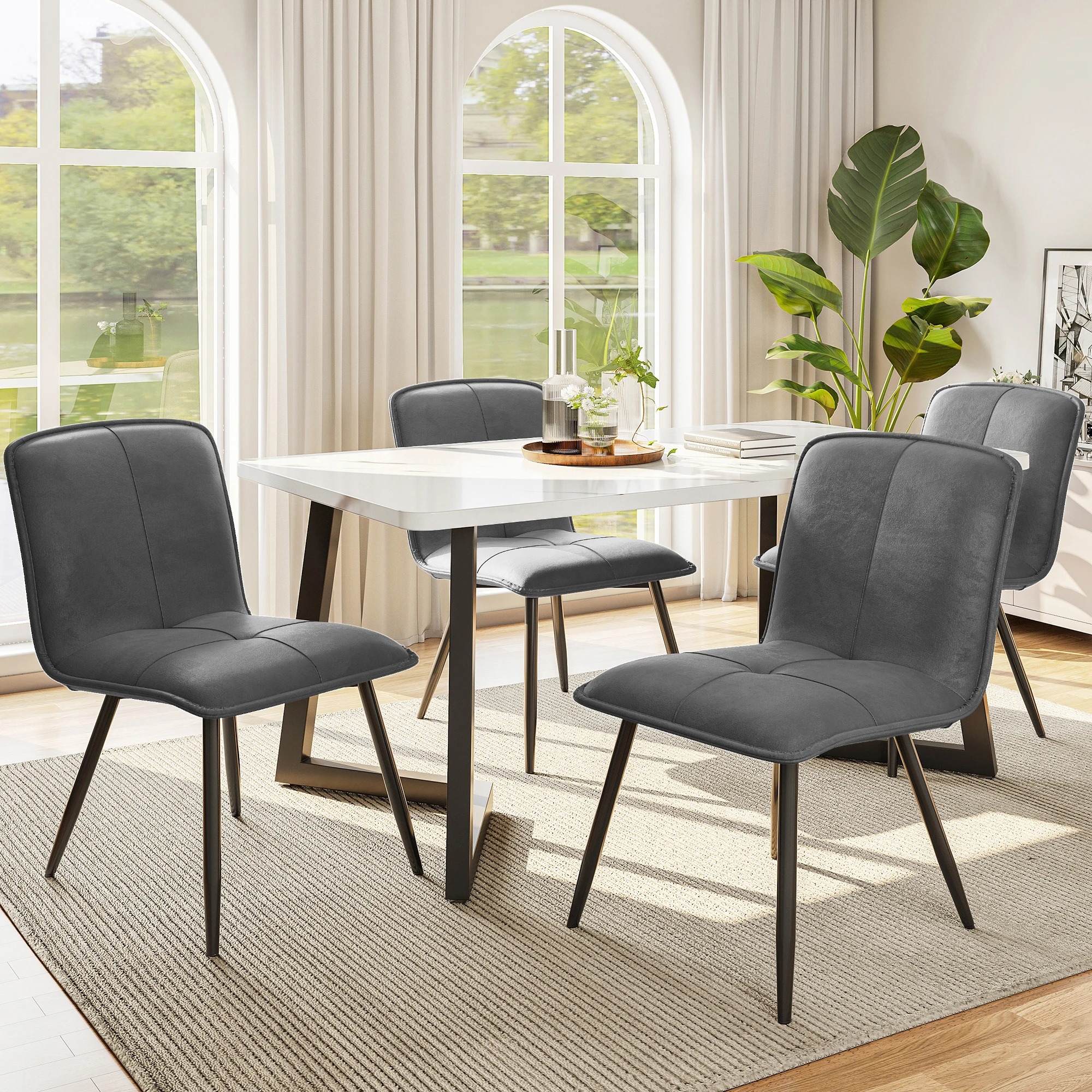 Essgruppe (5-tlg) 117x68 cm mit grauem Samt-Esszimmerstuhl und schwarzen Tischbeinen, moderner