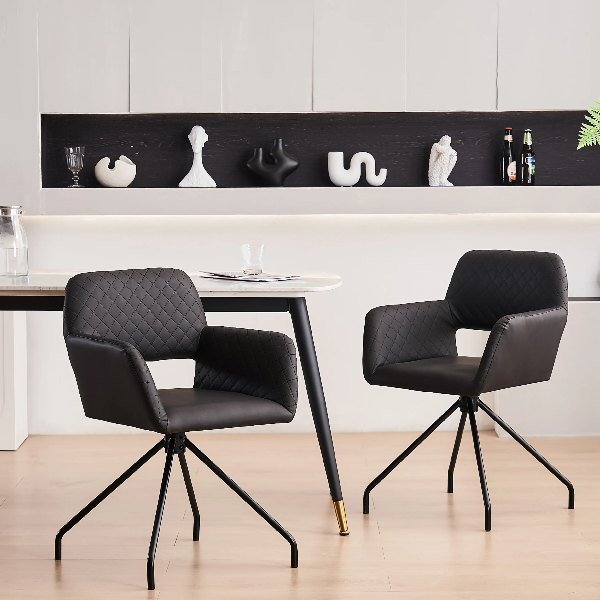 Set aus 2 Makeup-Stühlen, Kunstlederstühle für Wohnzimmer oder Schlafzimmer, Schwarz, Leicht zu