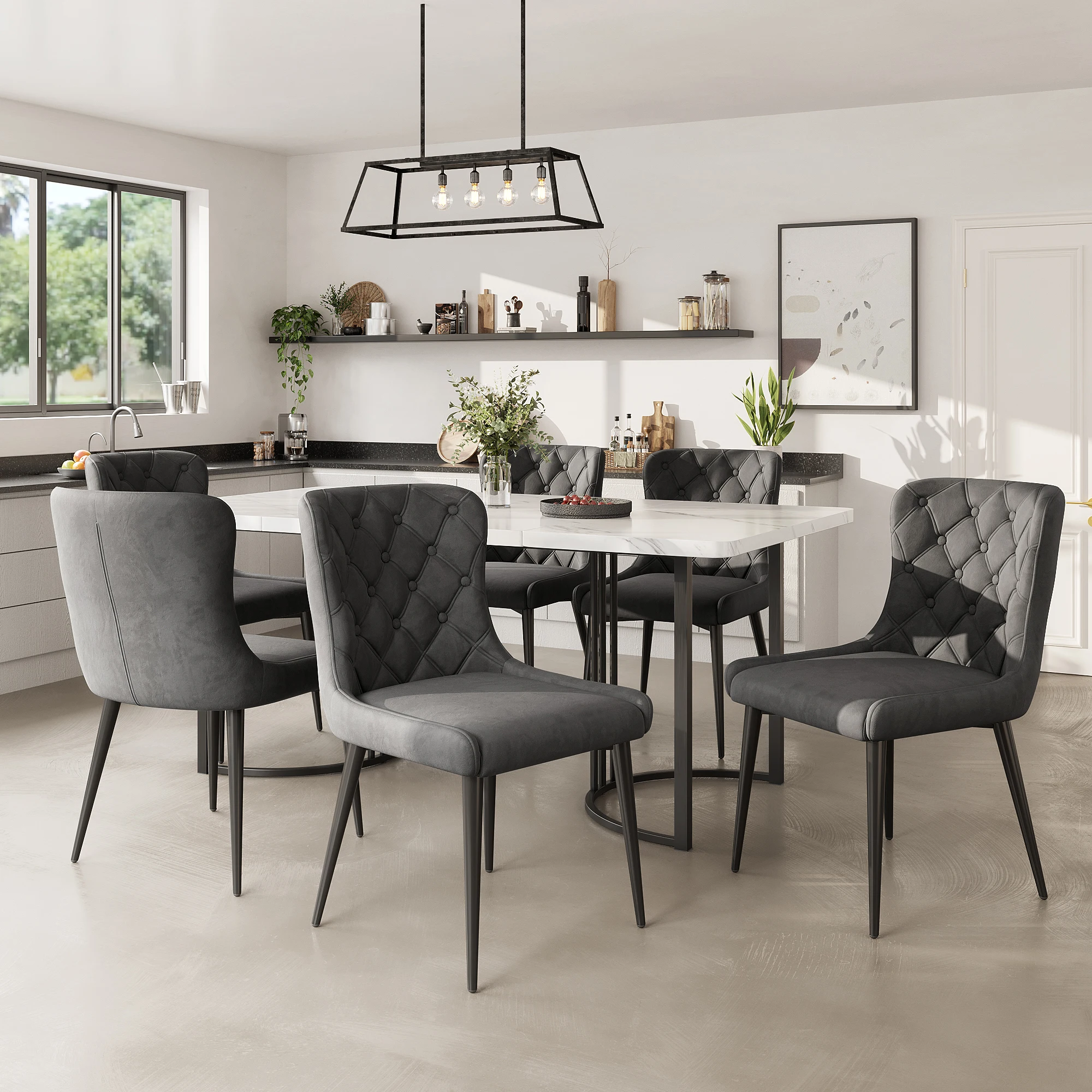 Esszimmerstühle (6er-Set) mit Samtbezug, ergonomisches Design, Eisenbeine in Schwarz, Dunkelgrau