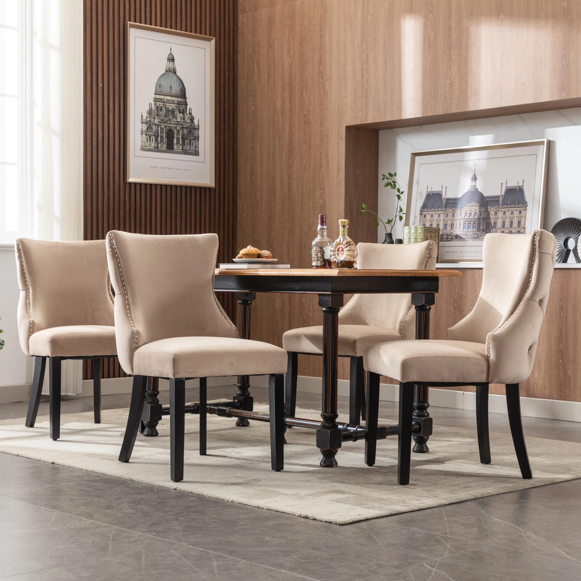 Esszimmerstuhl-Set (4 Stk.), beige Samtstühle mit Knopfsteppung, Massivholzgestell, 4-Fußstuhl für