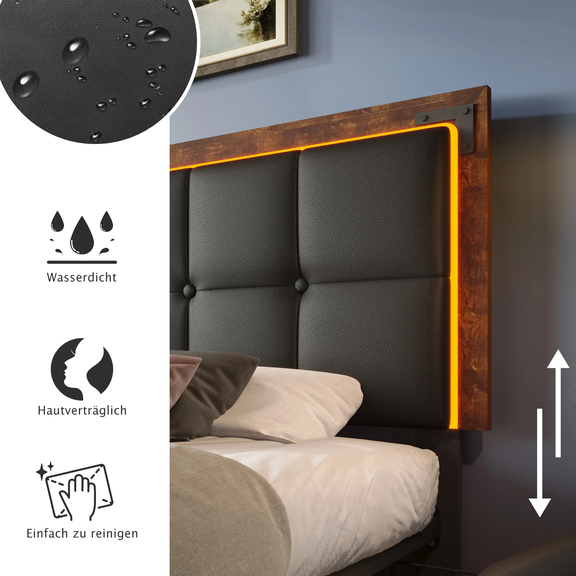 Polsterbett 90x200 cm mit LED-Leiste, 4 Schubladen, höhenverstellbares Kopfteil, Funktionsbett, PU