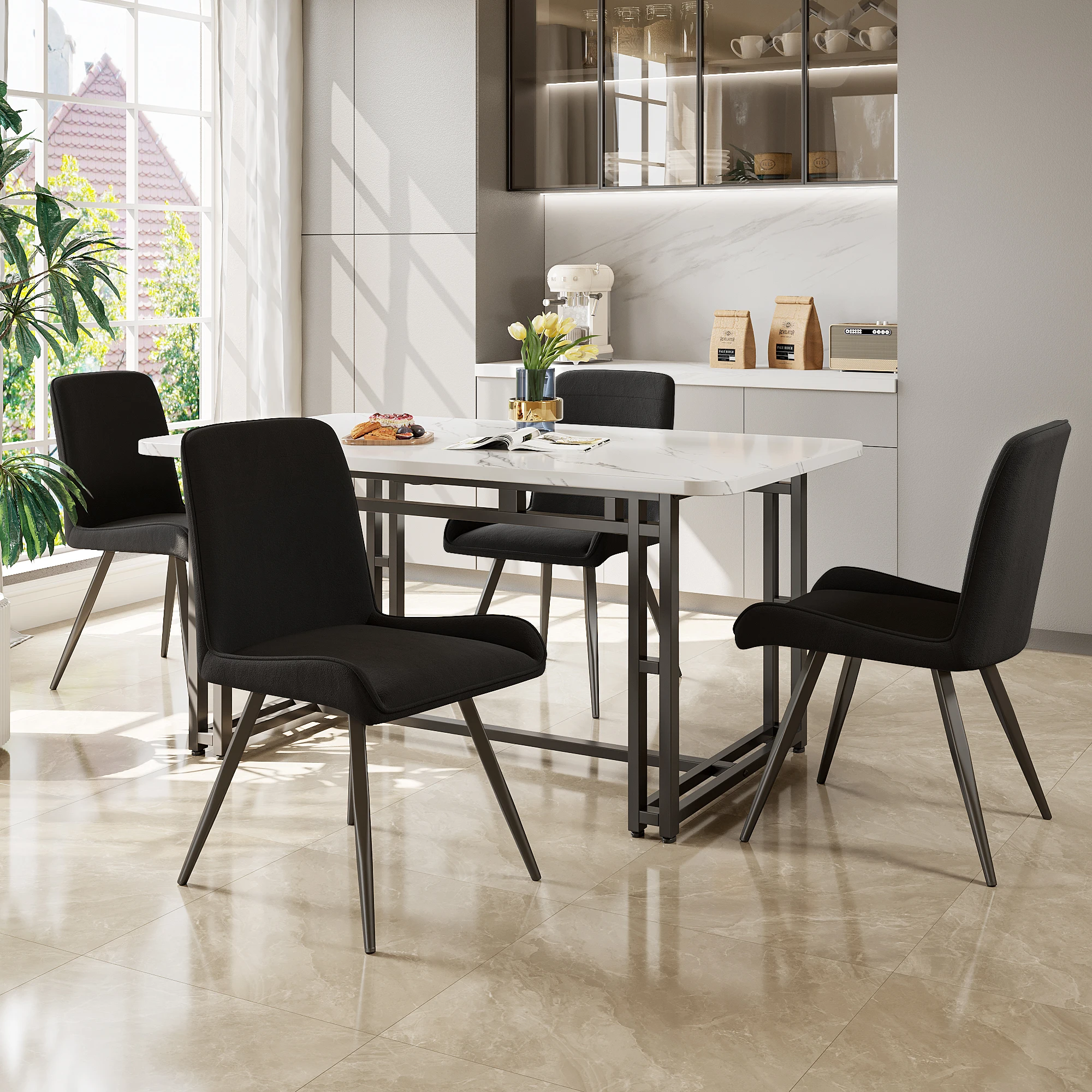 Essgruppe (5-tlg) 120x70 cm Esstisch mit 4 Stühlen, Küchentisch Set, MDF Tischplatte, Schwarze