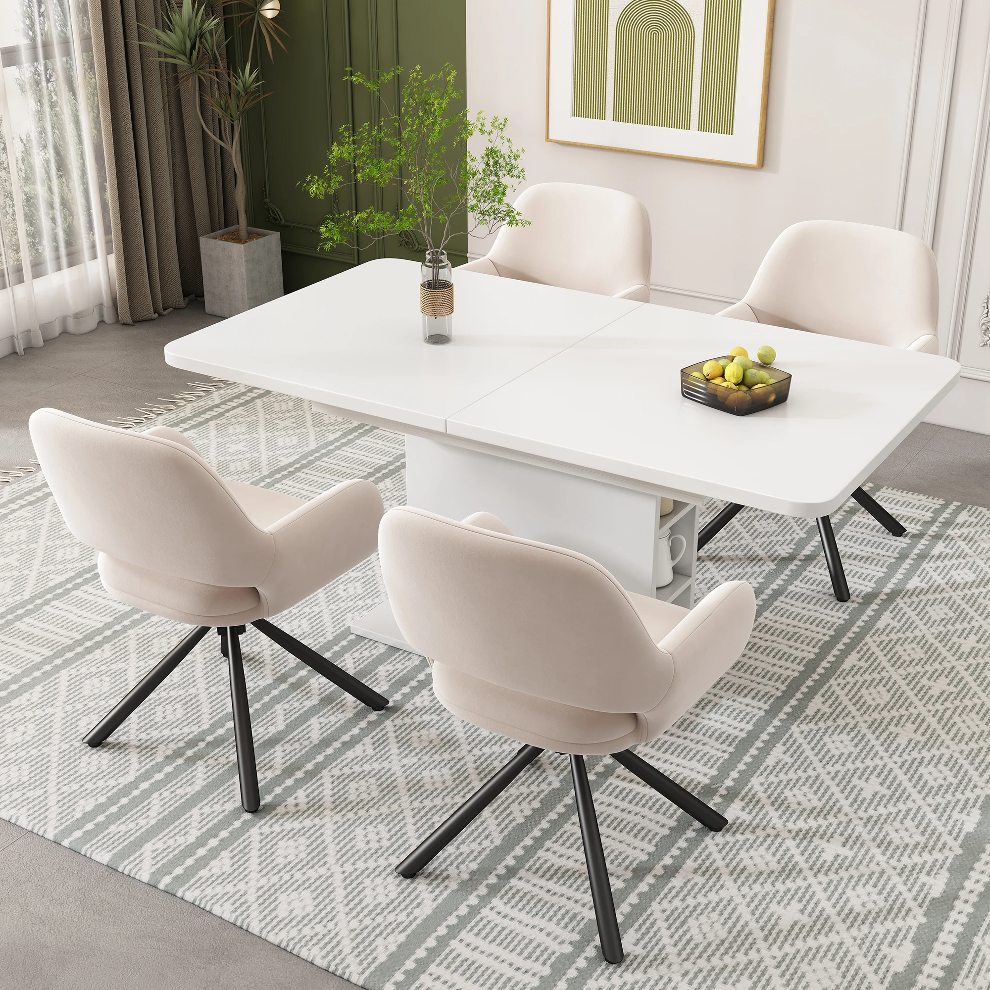 Drehbarer Samt-Esszimmerstuhl, 4er-Set, mit Armlehnen, modern, Beige