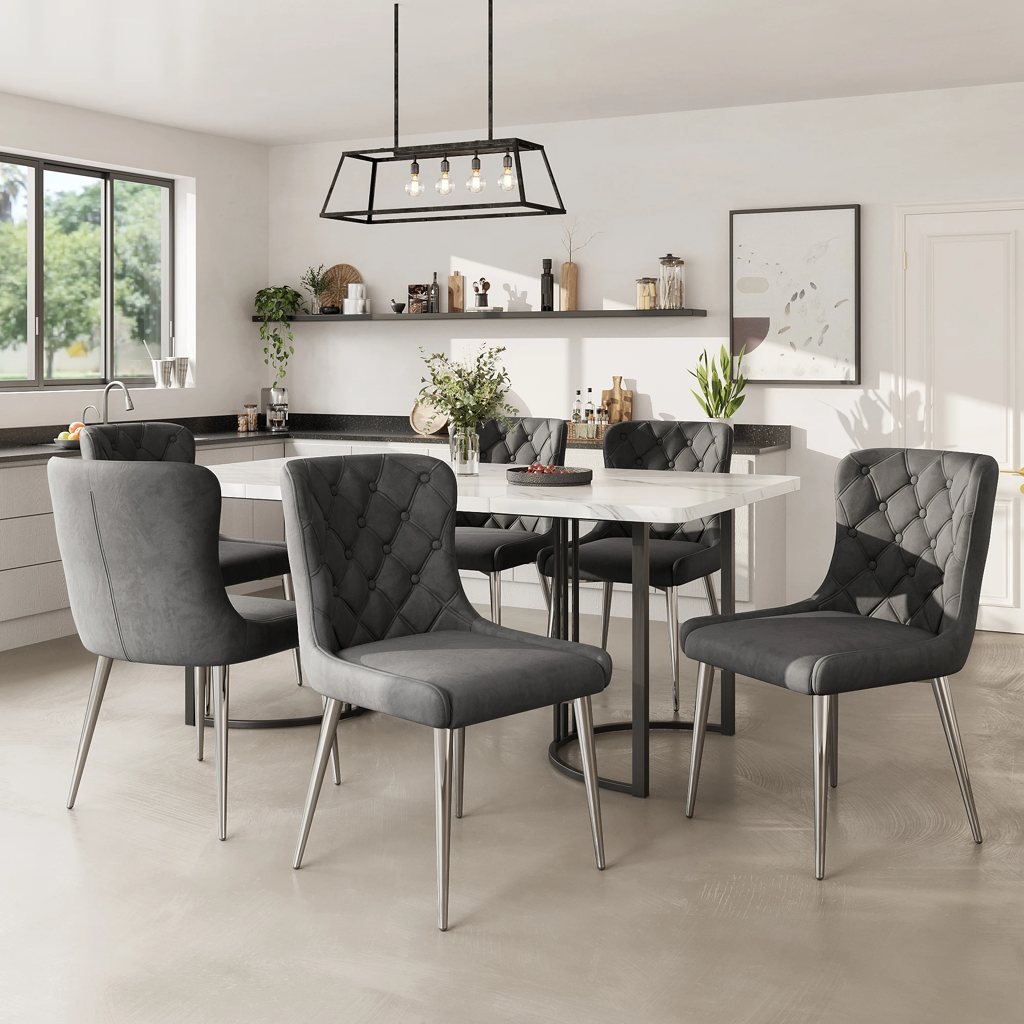Esszimmerstühle (6er-Set) mit Samtbezug, ergonomisches Design, rostfreie Stahlbeine, Dunkelgrau