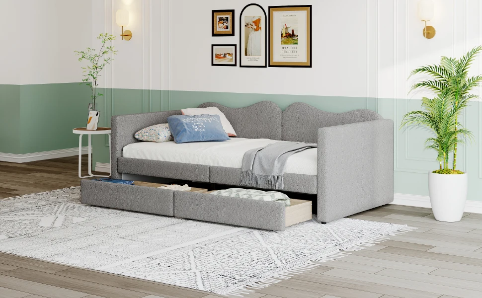 Polsterbett 90x200 cm, Sofabett mit 2 Schubladen, Multifunktionsweichbett mit Rückenlehne und