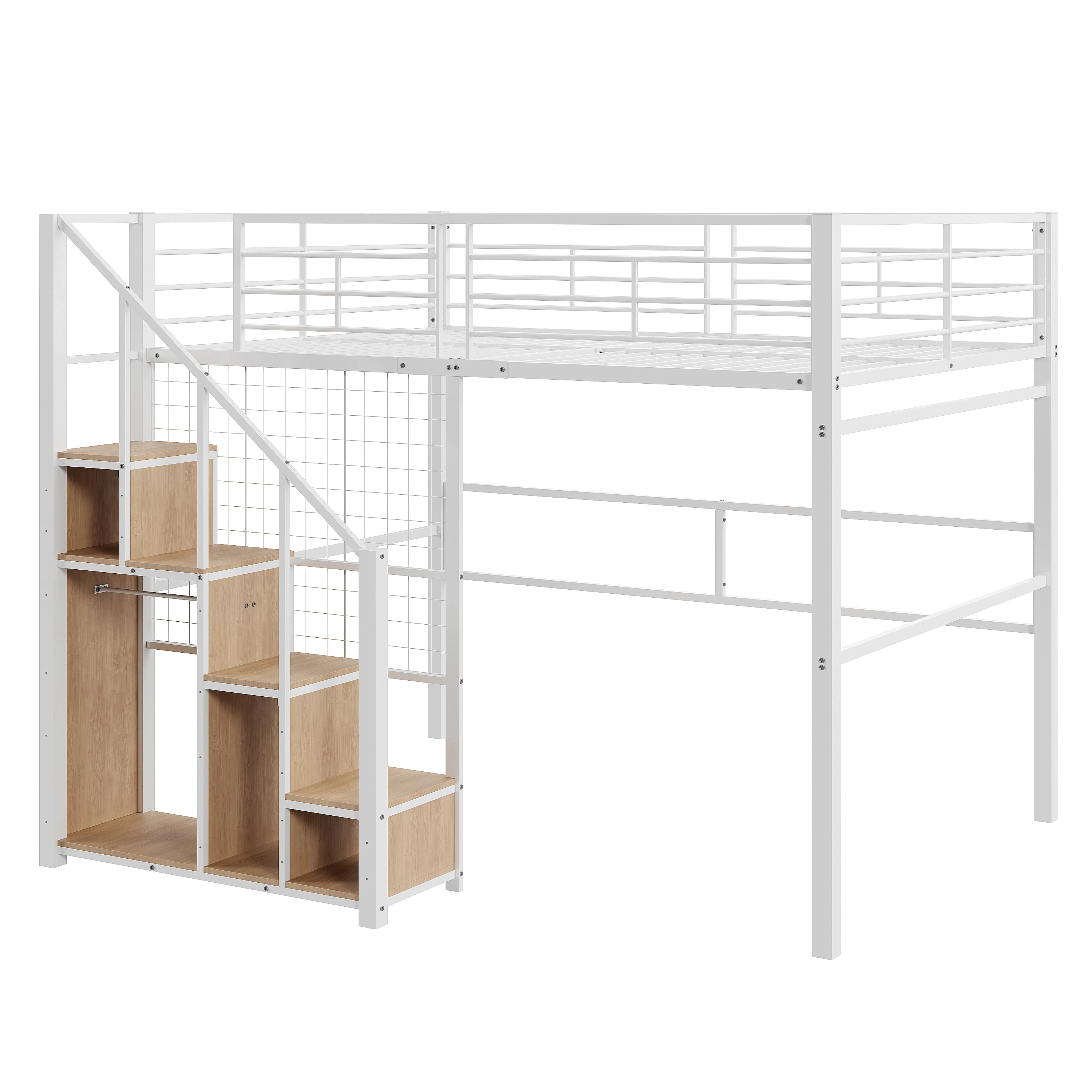 Hochbett 140x200 cm mit Sicherheitsleiter und Eisenrahmen, Jugendbett, Weiß