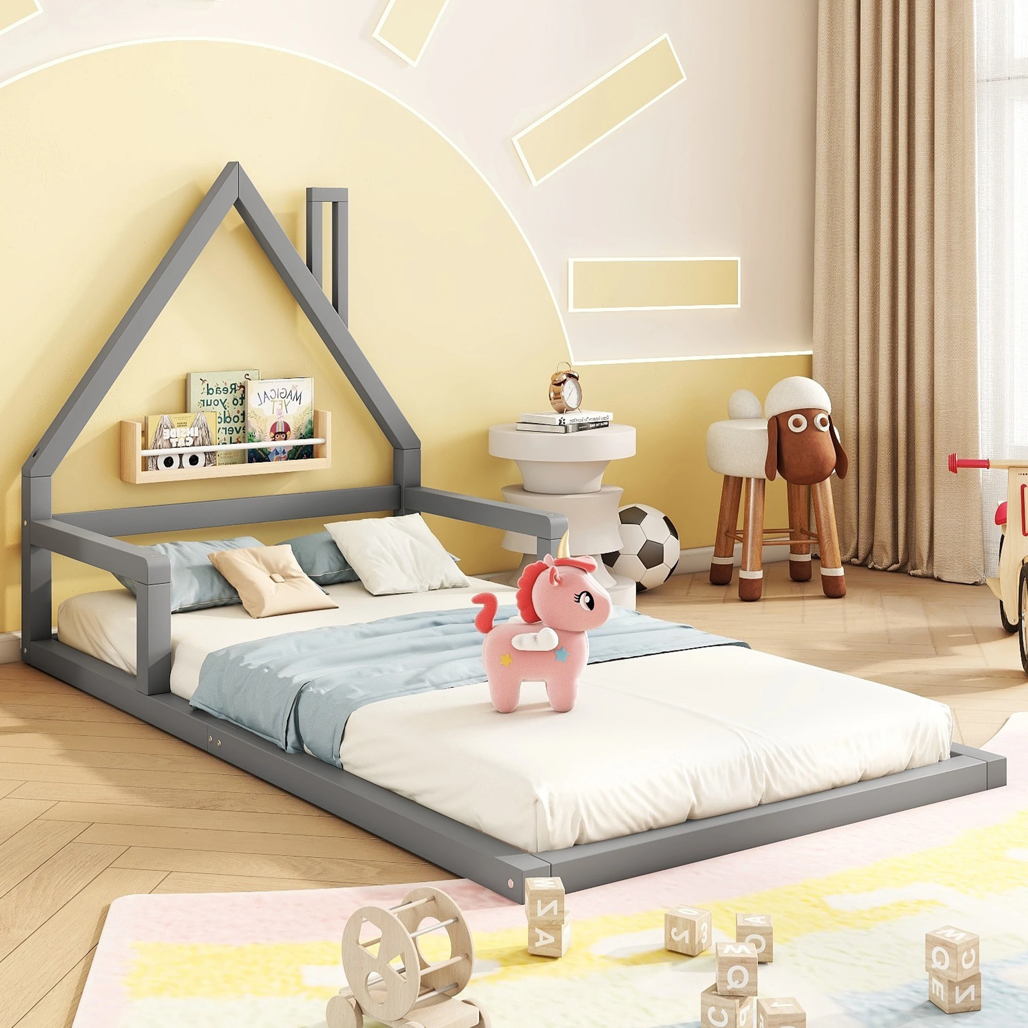 Flachbett 90x200 cm, Hausform, Kiefer massiv, schlichtes Design, Grau
