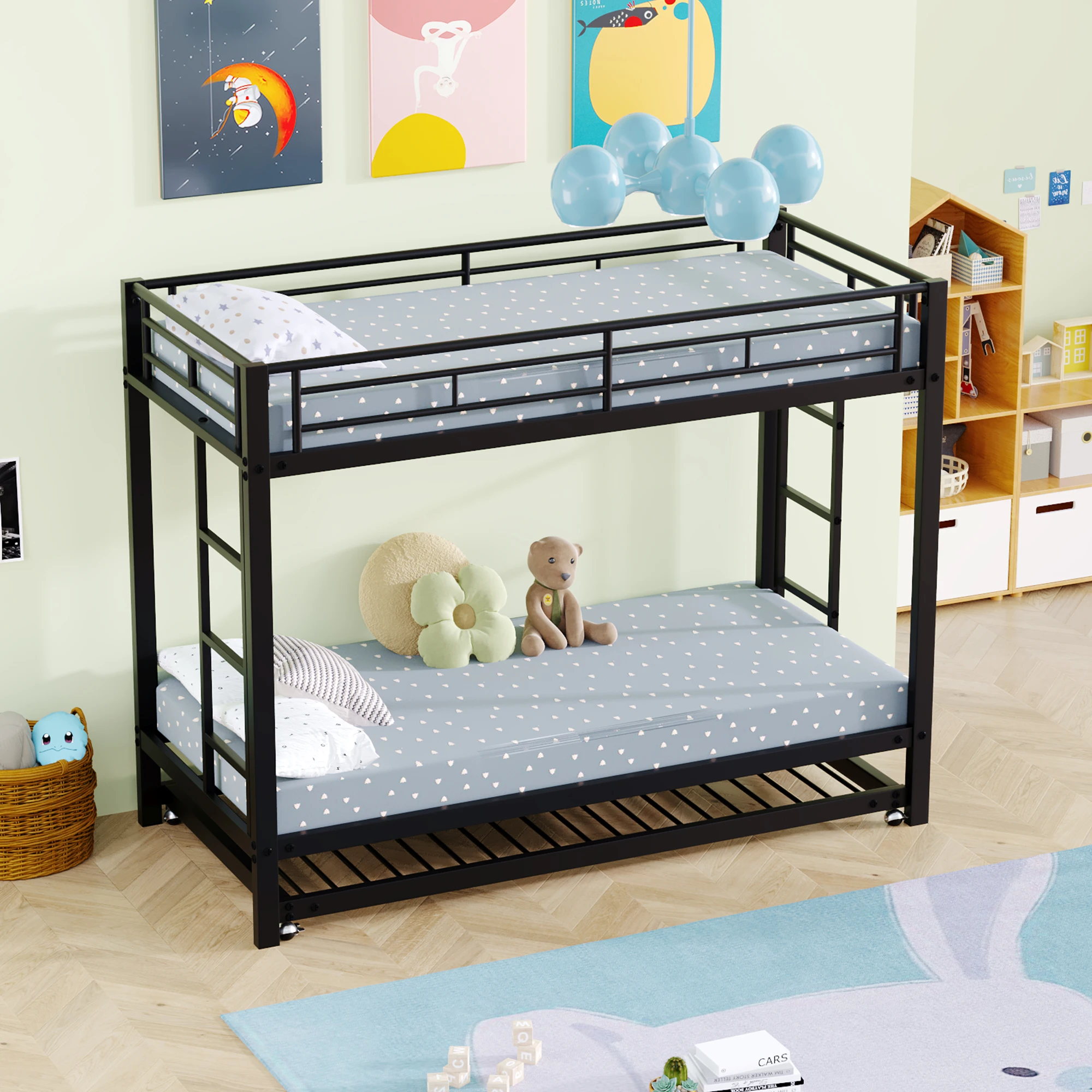 Etagenbett 90x200 cm, Eisenrahmen, mit Ausziehbett, hohe Geländer, EN747 zertifiziert, schwarz