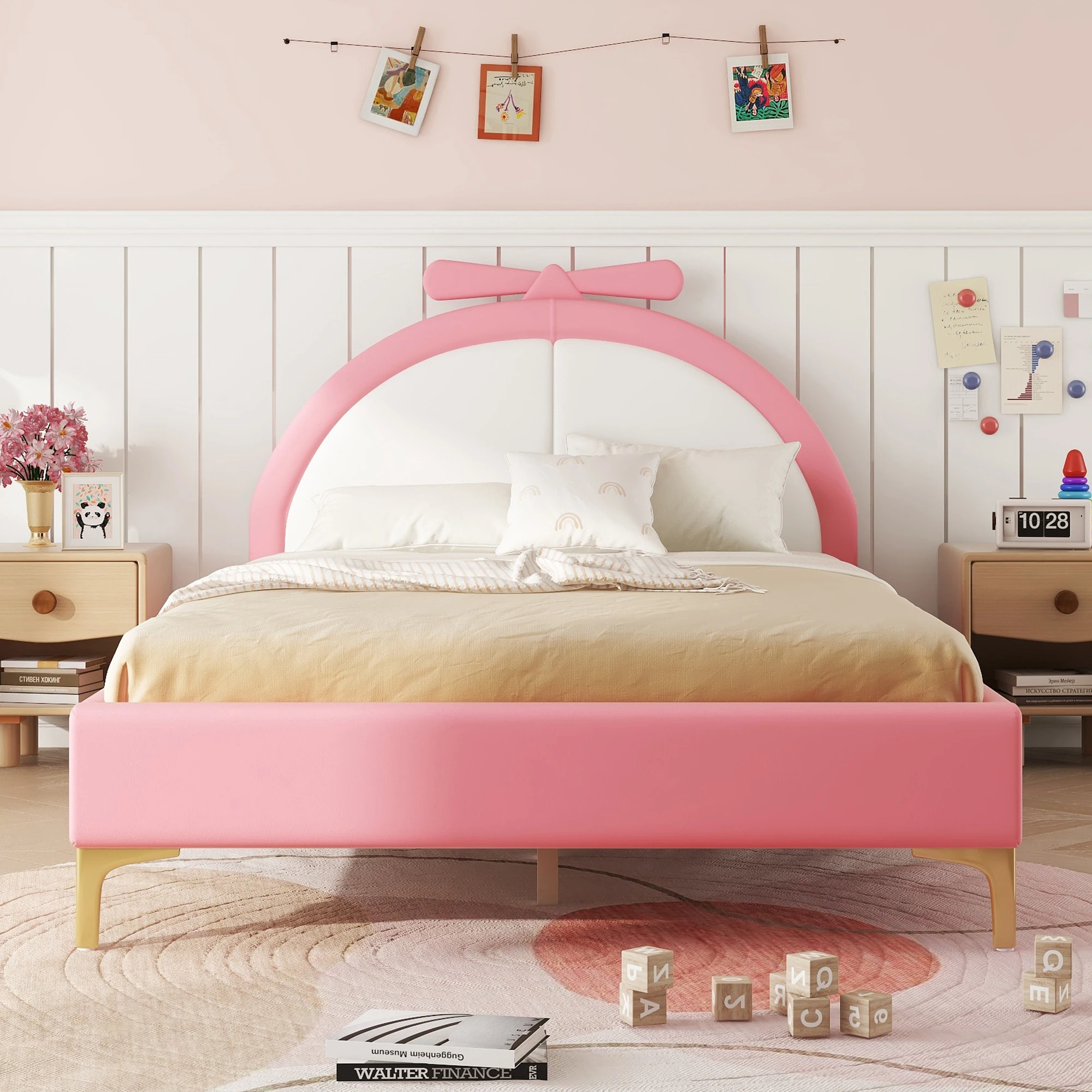 Flachbett 140x200 cm Gepolstertes Bett Komfortable Kopfteilpolsterung Stilvoll Einfach Rosa Design