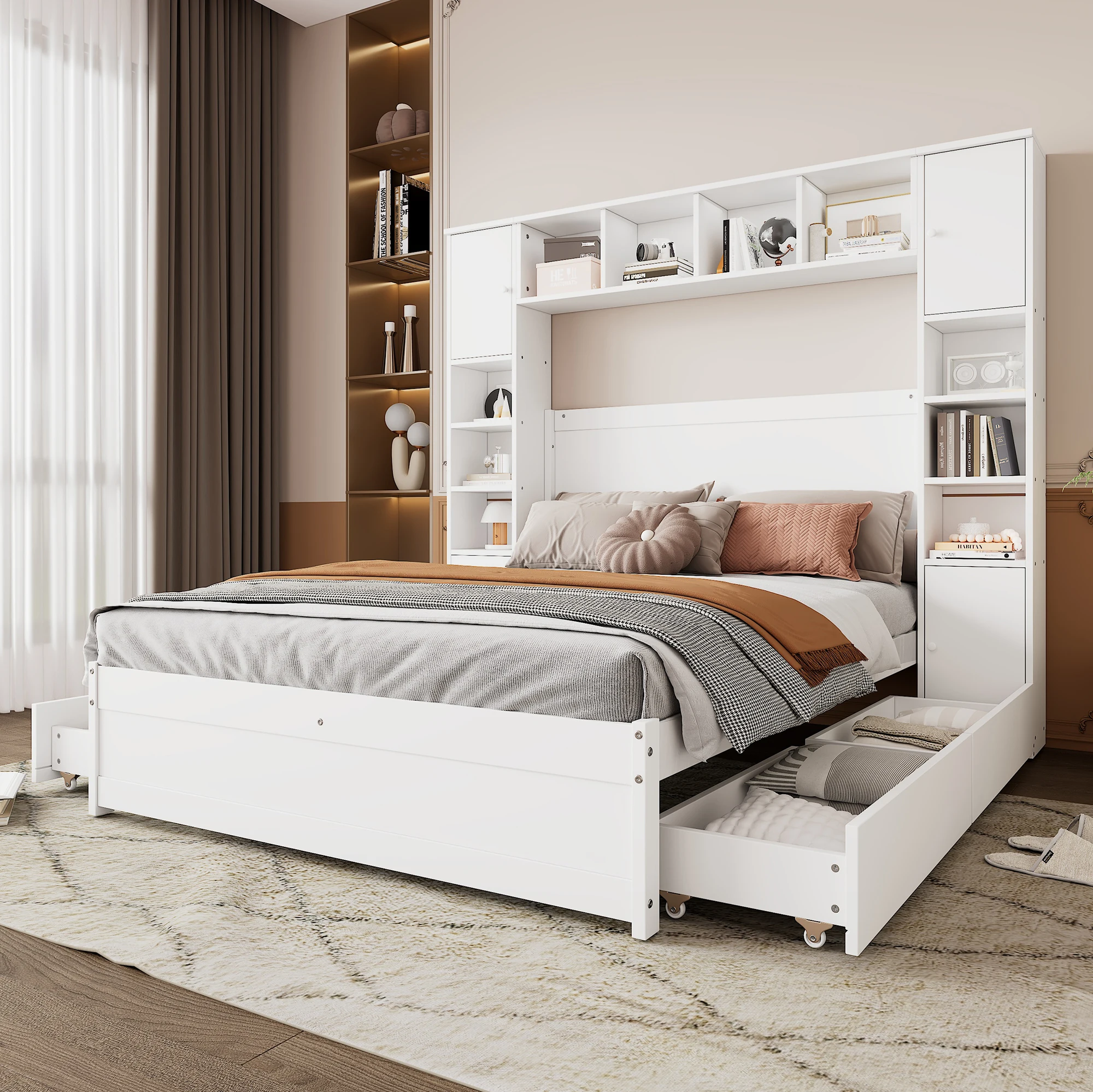 Doppelbett 140x200 cm, Paneelbett mit 4 Schubladen, Anti-Kipp-Sicherung, weißes
