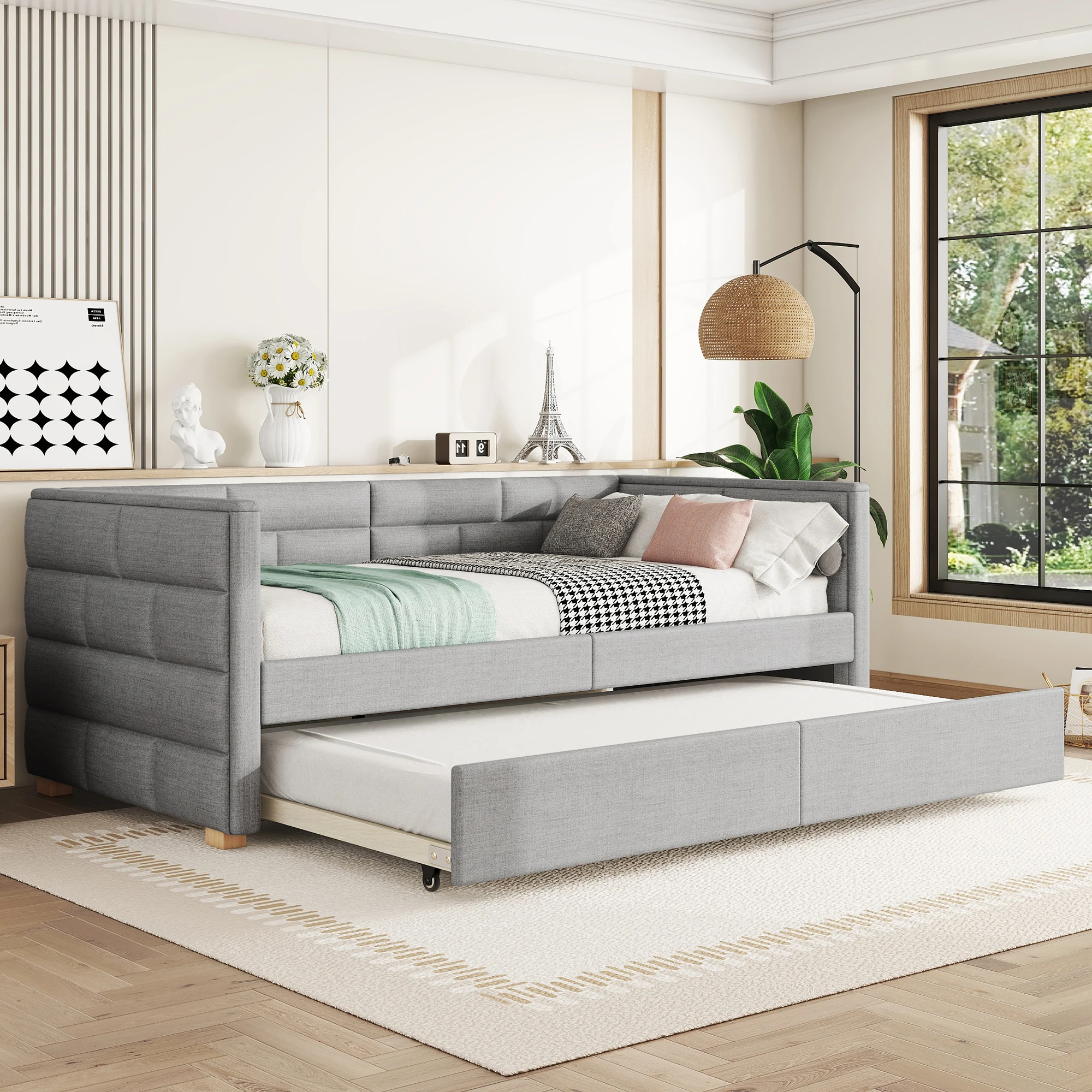 Schlafsofa 90x200 cm, mit ausziehbarem Bett, minimalistisches Design, Grau