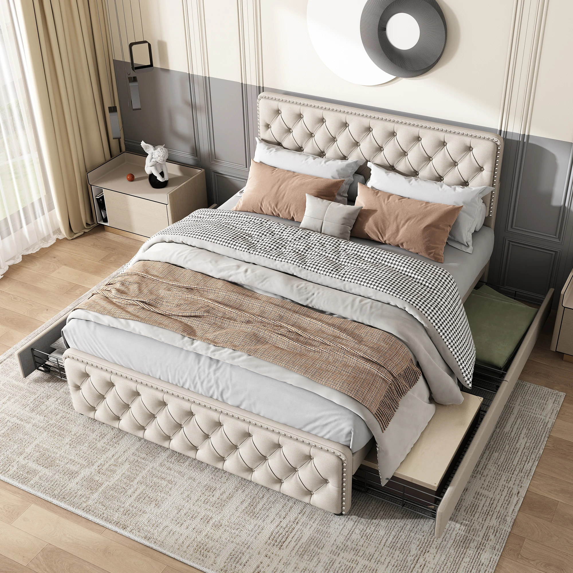 Polsterbett 180x200 cm, Doppelbett mit 4 Schubladen, Höhenverstellbares Kopfteil, Leinen, Beige